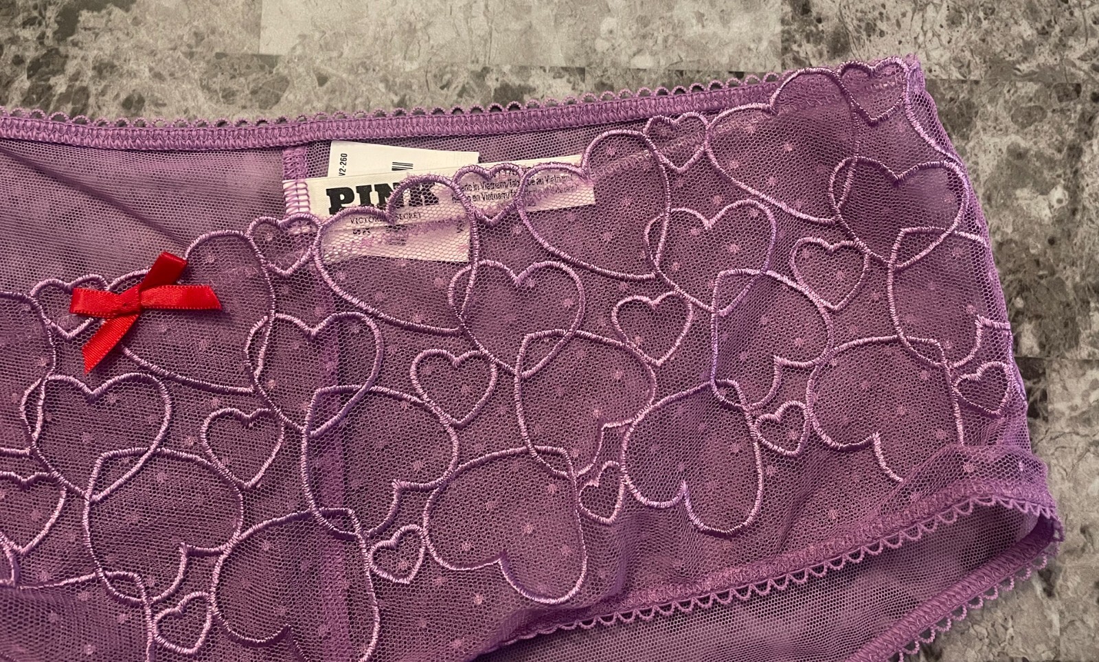 NWT VICTORIA’S SECRET PINK PURPLE HEART NETTED POLKA DOTTED MESH CHEEKY PANTIES