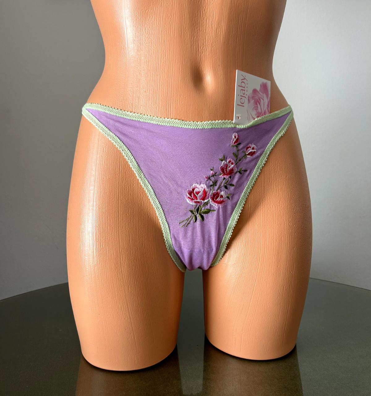 NWT Lejaby Rose Purple Mesh Panty w/ Floral Detail, sz L