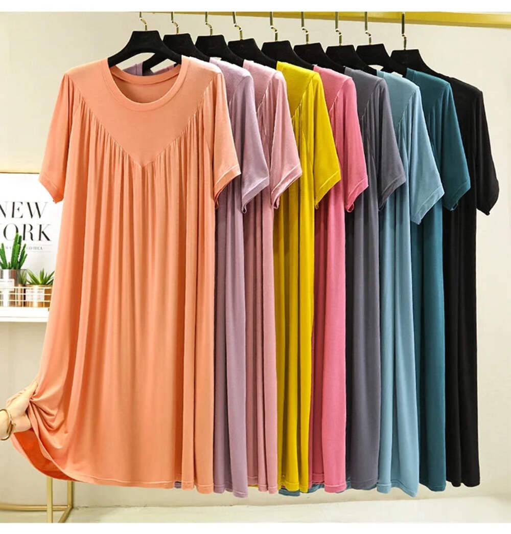 Loose plus Size Sp Dr Modal Women’s Summer Thin Home Gown Skirt Sle round Ne ort