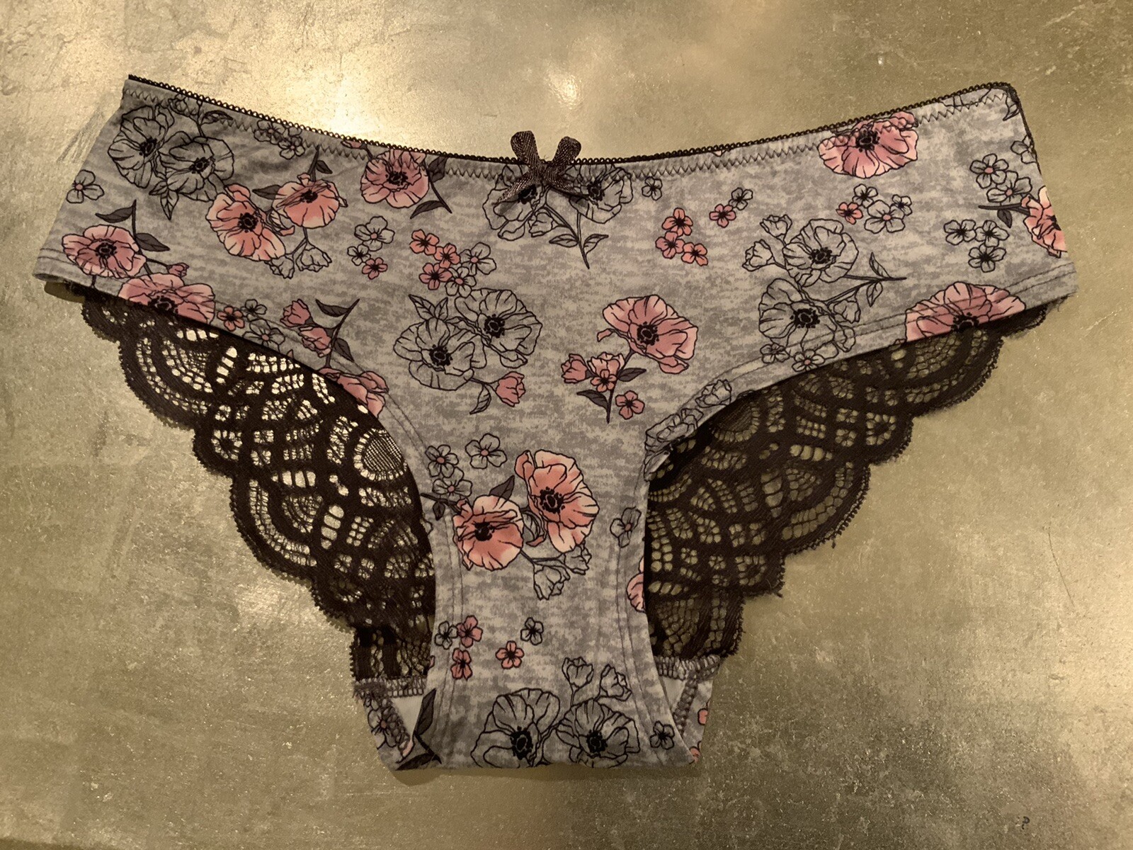 Vtg Kensie S Gray Black & Pink Floral French Cut Bikini Panties W Lace Back￼