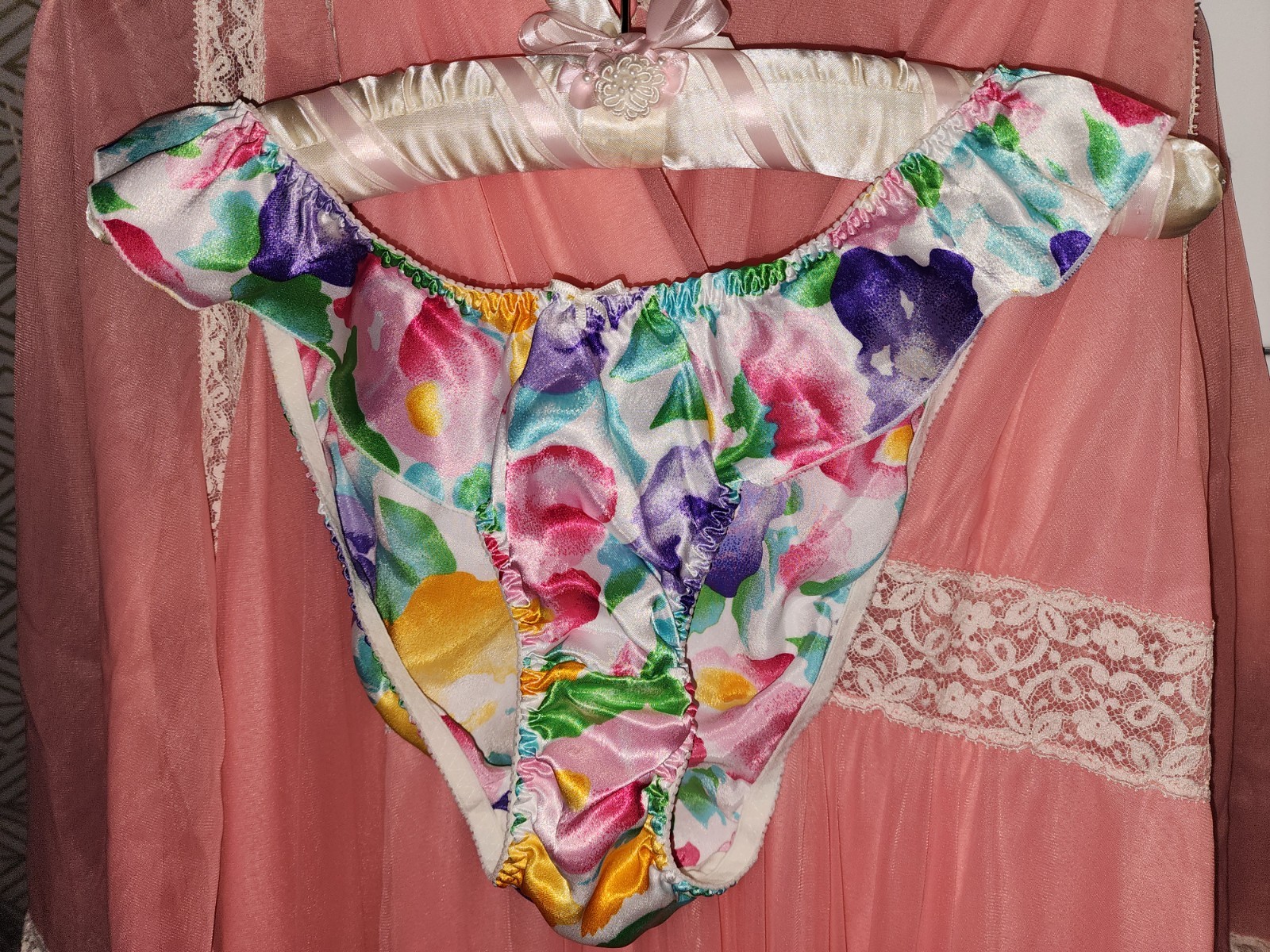 NEW 80s 90s Colorful Flowers Floral Flutter Bikini Panties Shiny Gloss Satin 7/L