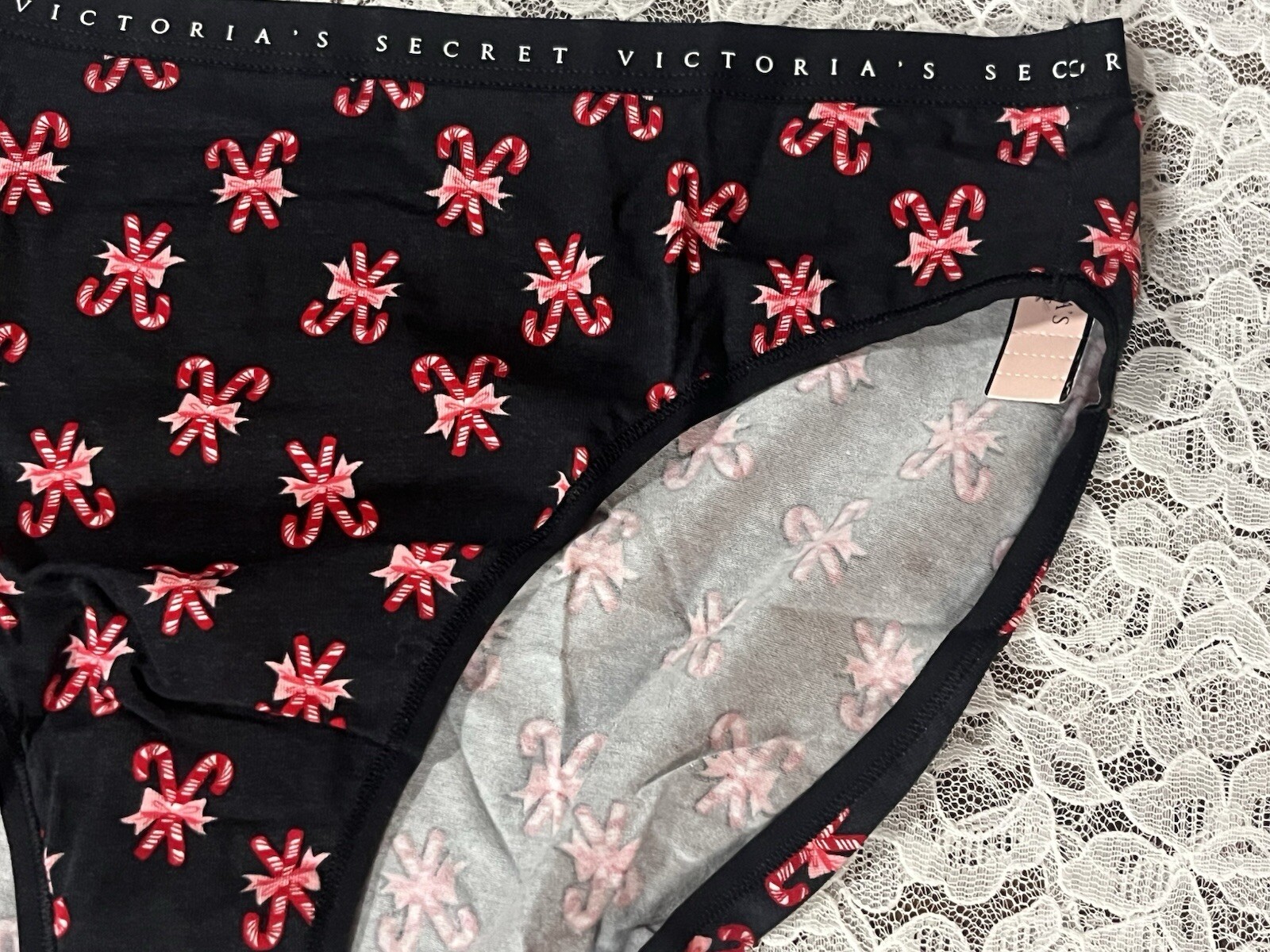 Victoria’s Secret Brief Black Candy Cane Panties Logo Waist Size Large