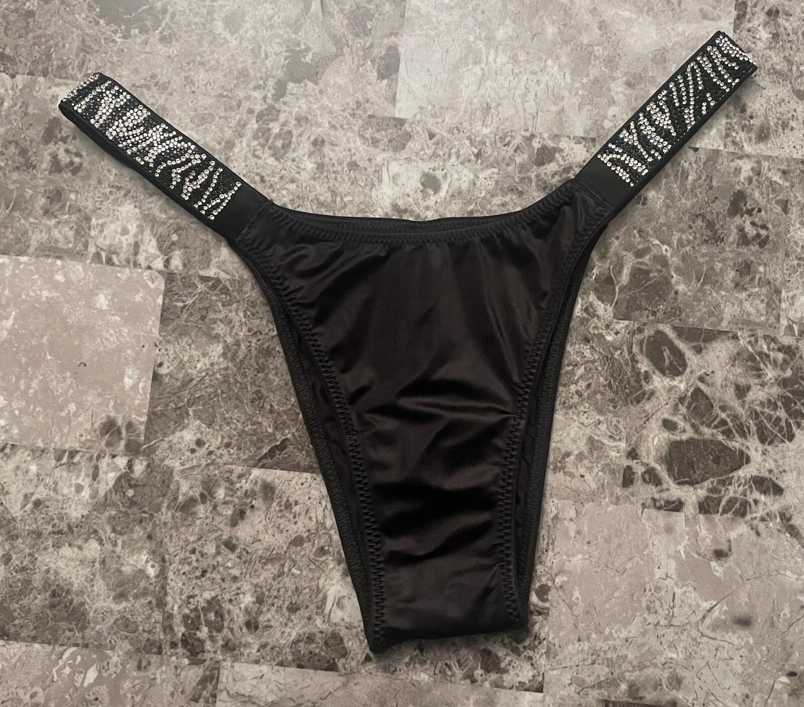 VICTORIA’S SECRET SMOOTH BLACK ZEBRA RHINESTONE SHINE STRAP BRAZILIAN PANTIES