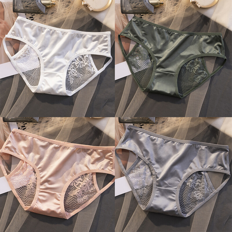4PCS/LOT Sexy Womens Satin Panties Briefs Cheeky Sheer Lace Underwear Lingeries