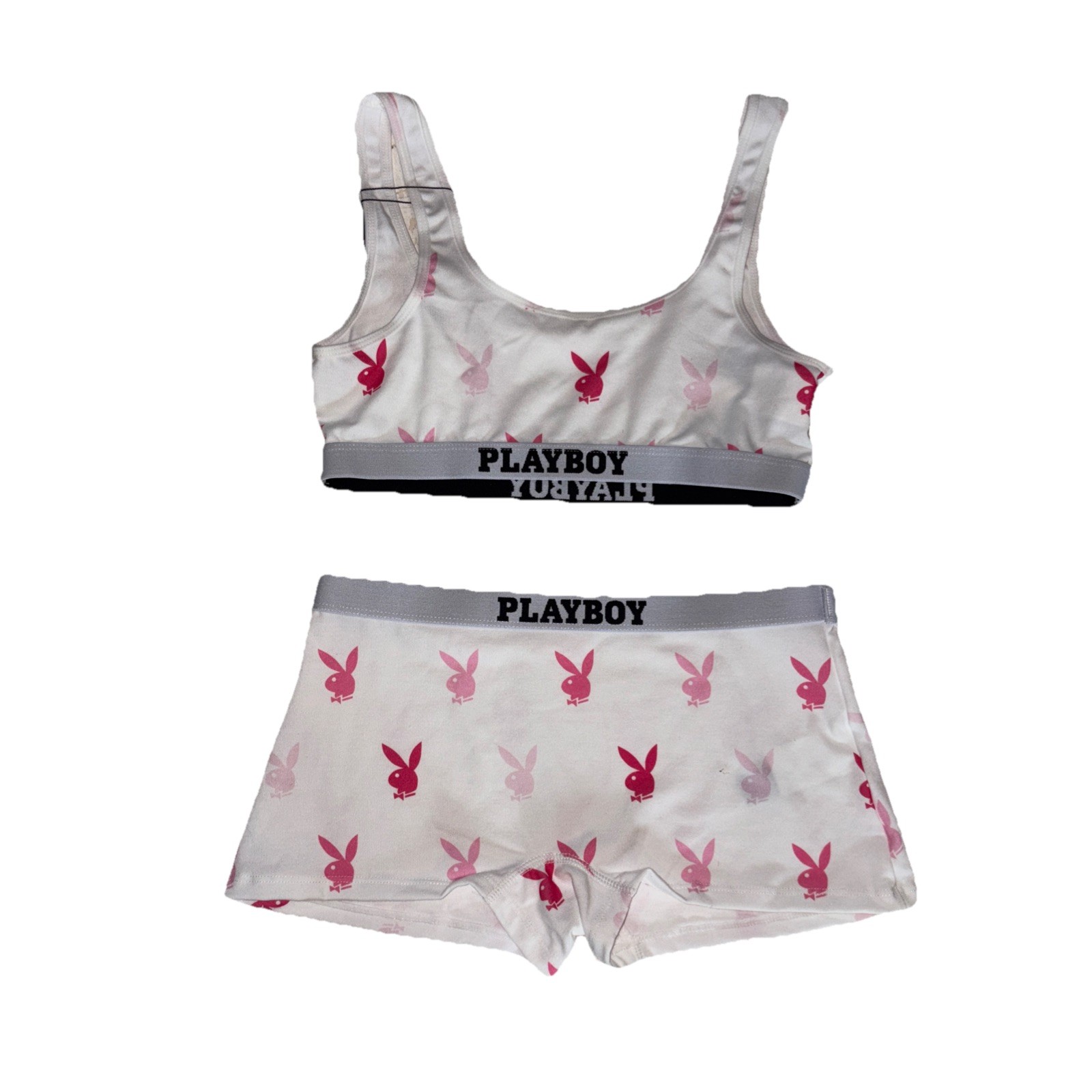 Playboy Sz XS Set Boy Leg Pants And Crop White Pink Playboy Bunny Bnwt