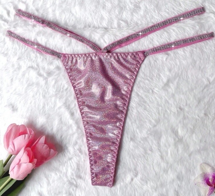Plus Size Baby Pink Metallic Glitter Strap Thong Panties 2XL