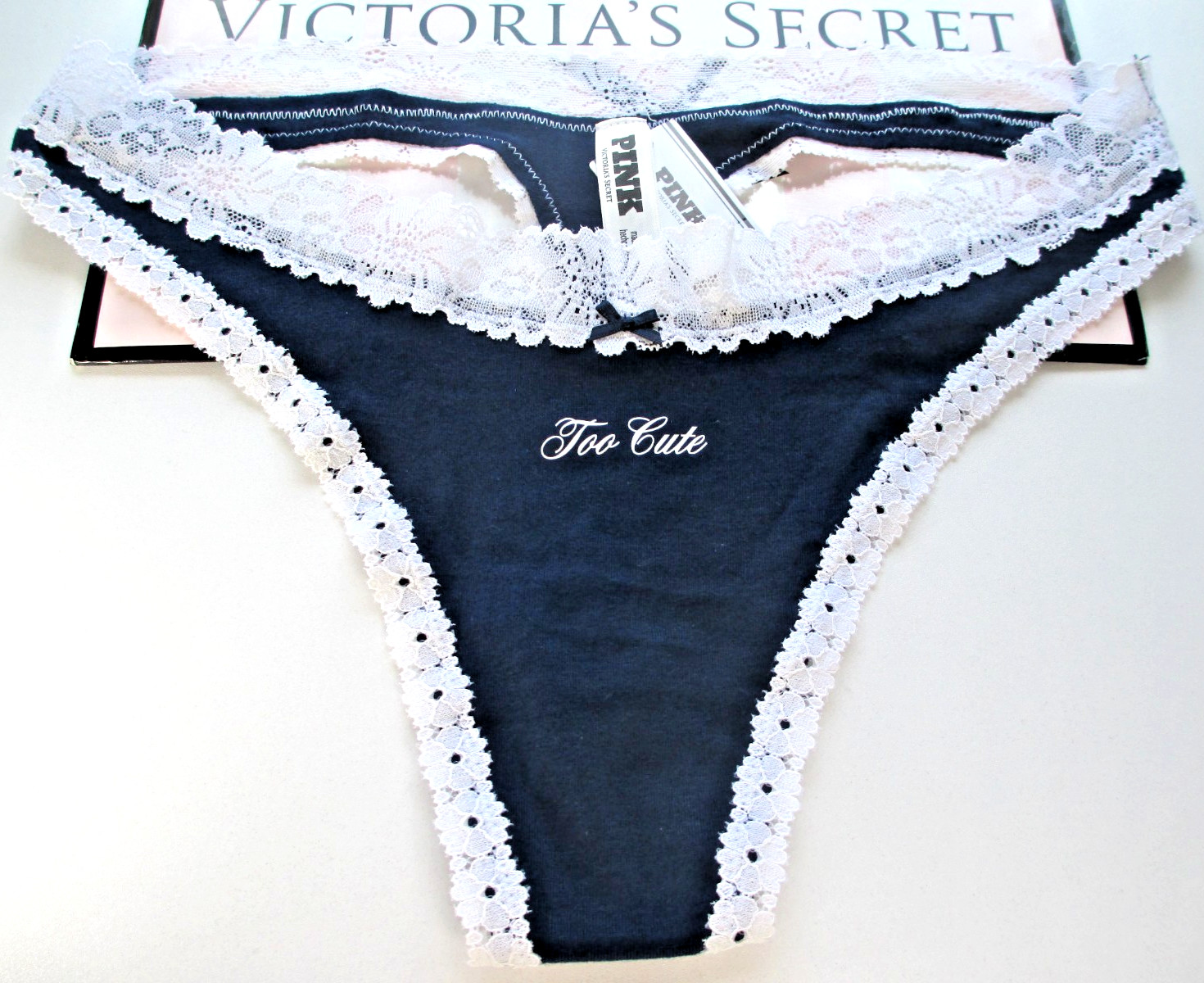 VICTORIA’S SECRET PINK Cotton High Leg Thong Panty M Navy Blue White Lace Trim