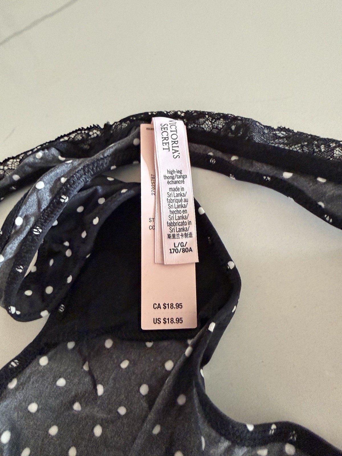 Victorias Secret VS White Polka Dot Black Satin & Lace Thong Panty Large NWT