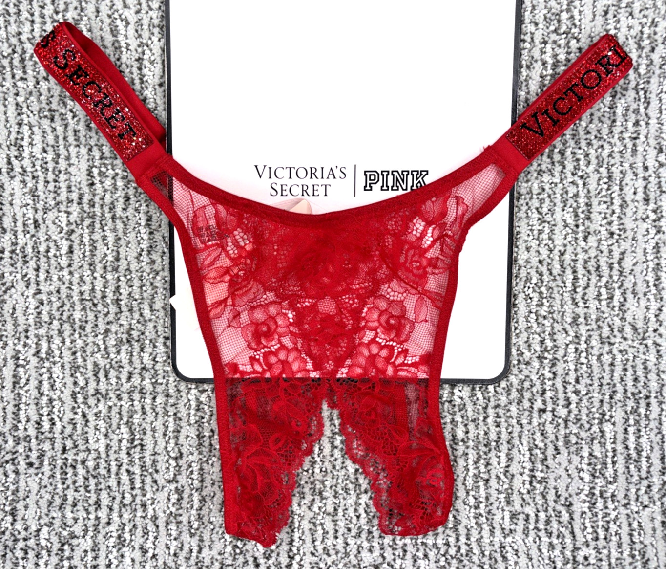 Victorias Secret VerySexy NWT Medium Red Lace Crotchles Brazilian Panty Spellout