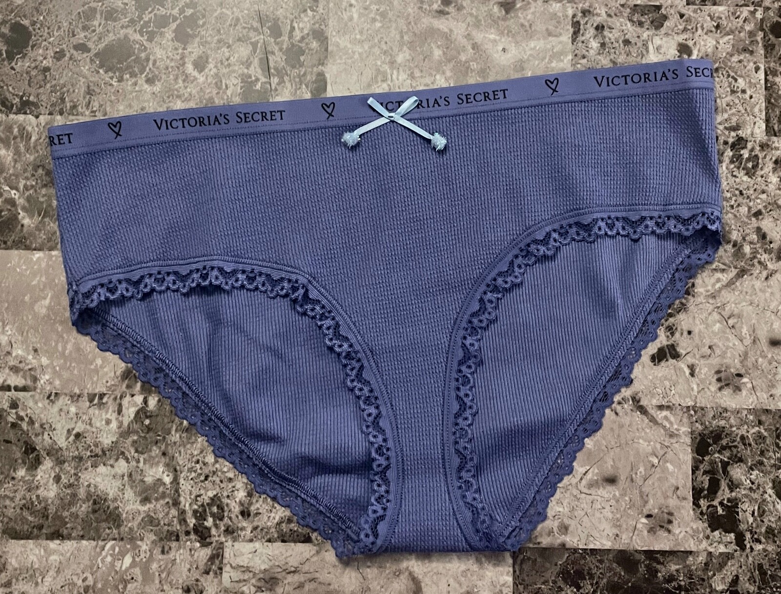 NWT VICTORIA’S SECRET L BLUE THERMAL WAFFLE LACE POM BOW RARE HIPHUGGER PANTIES