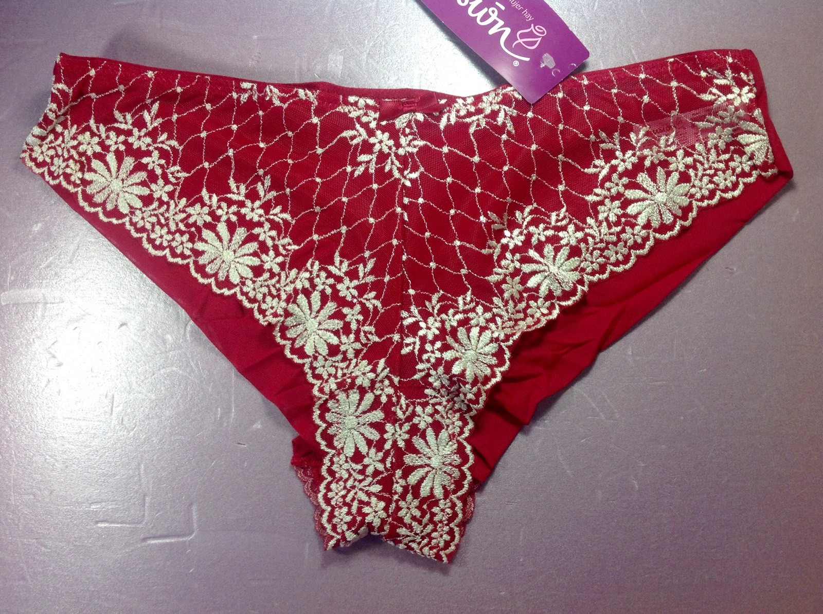 Women Panties,bikinis ILUSION Size L. Red Floral W/gauze Fishnet Decoration