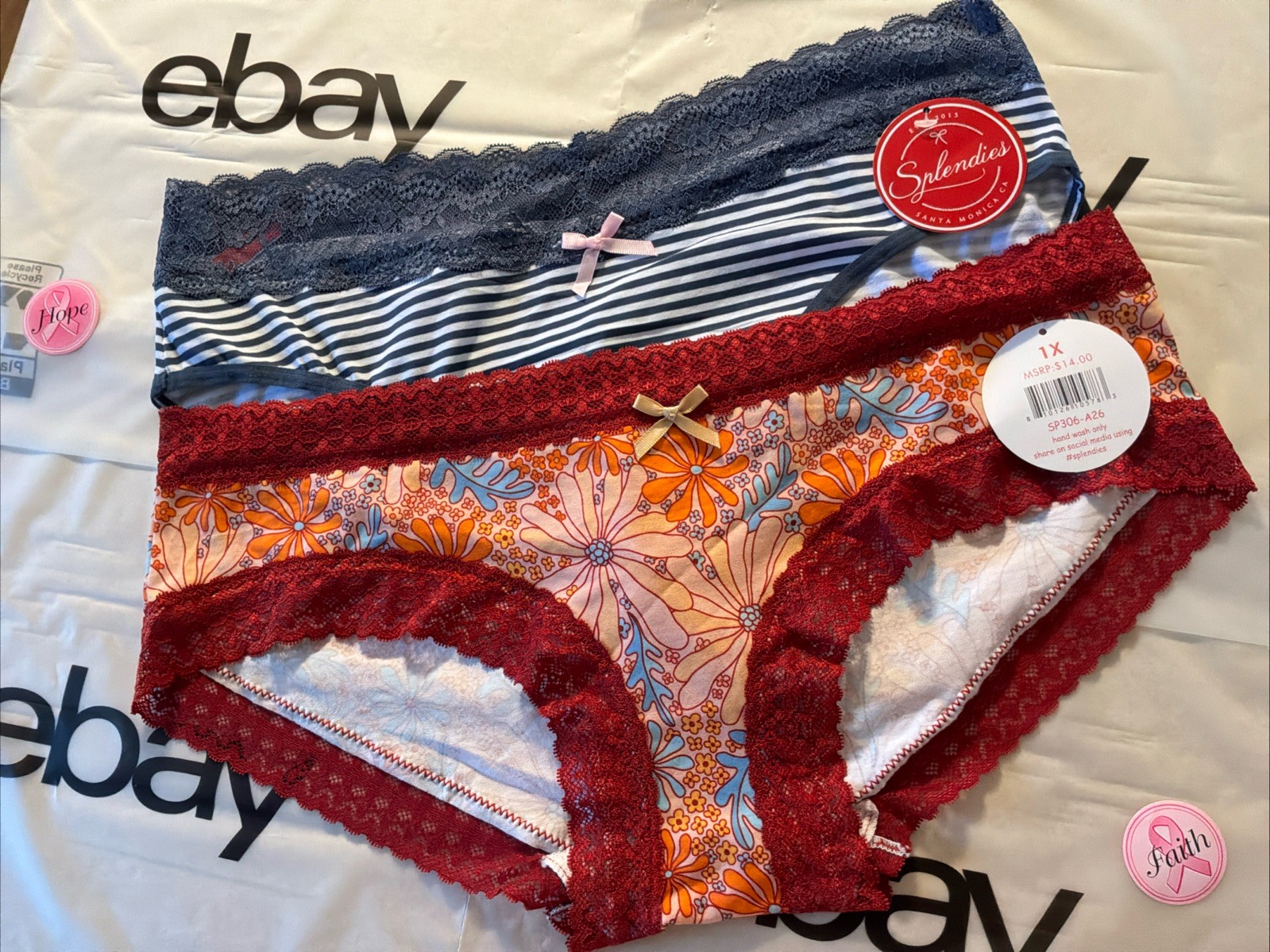 NWT Splendies Cotton Bikini 1XL Panties 1-Blue Stripe & 1-Orange Floral LaceTrim