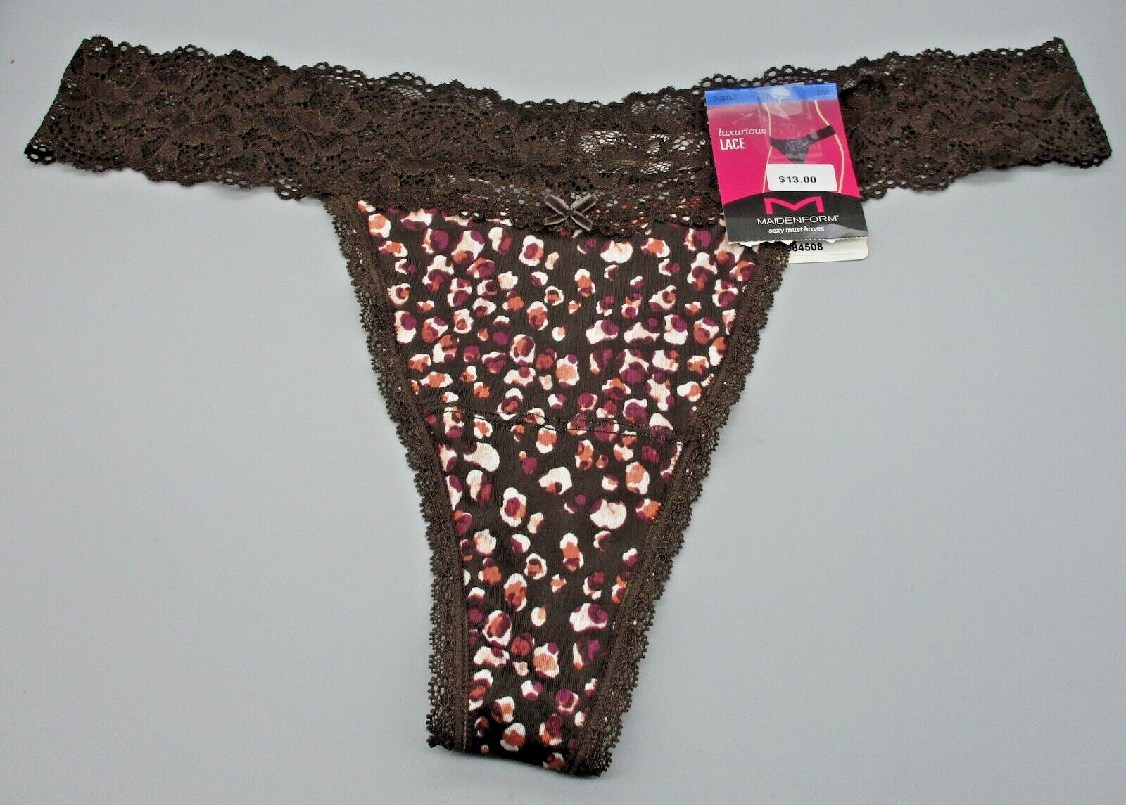 MAIDENFORM~XL 8~DMESLT~Cocoa Cat Print Sexy Must Haves Floral Lace Thong