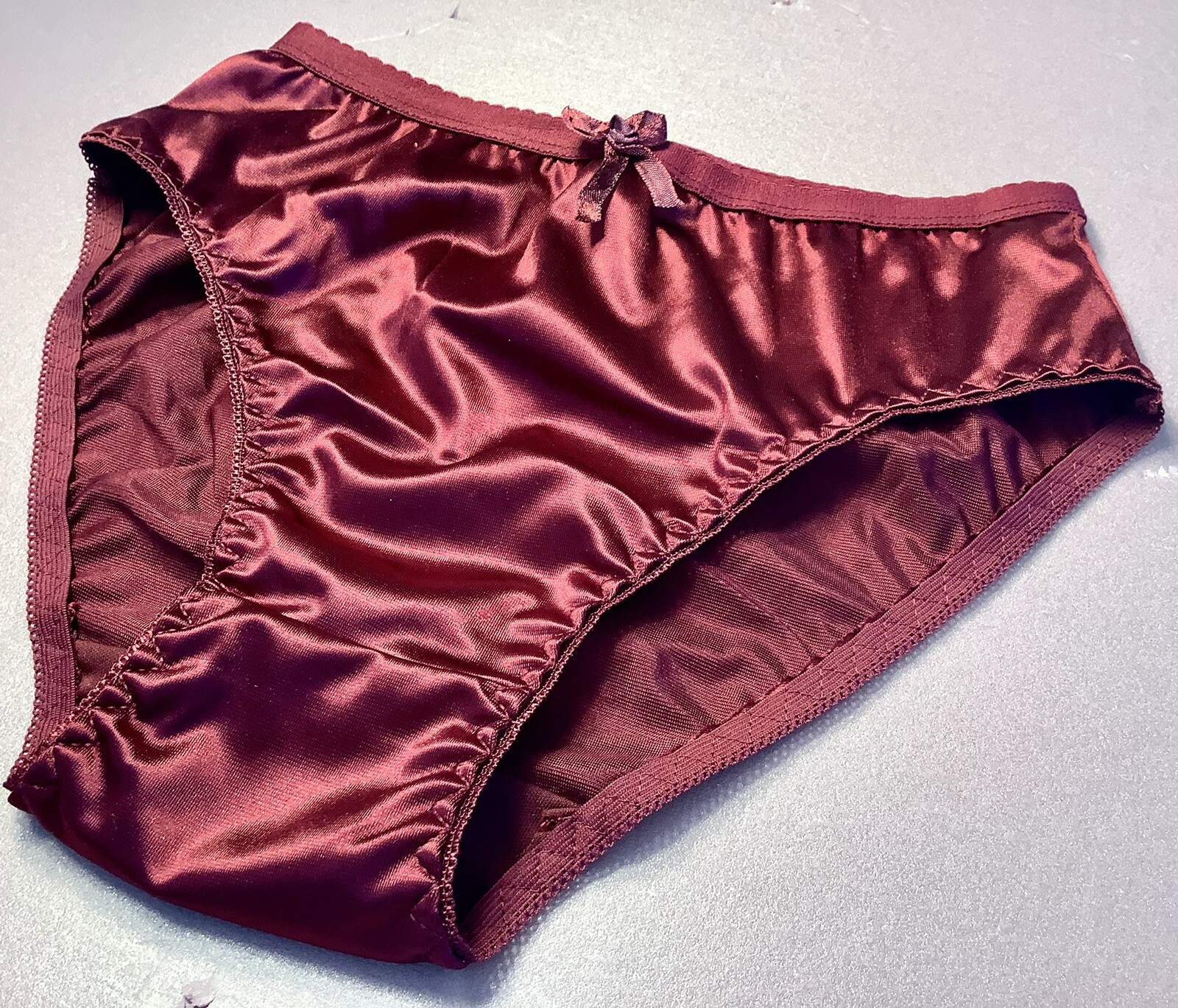 Women Panties Bikinis ANN DIANE Size S. Burgundy Shiny Satin Soft Elastic W/deco