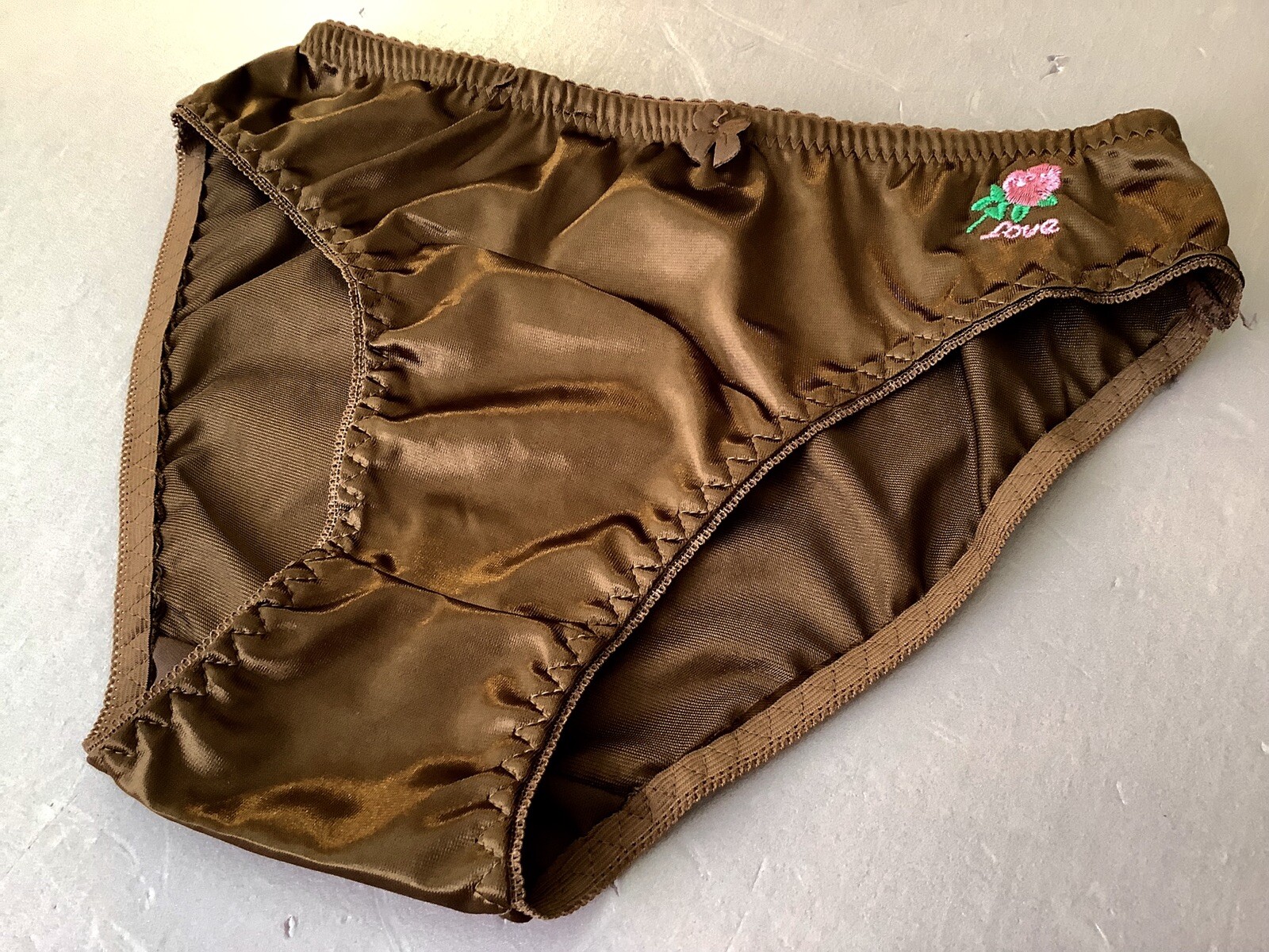 Women Panties Bikinis ANN DIANE Size L. Brown Shiny Satin Soft W/decoration