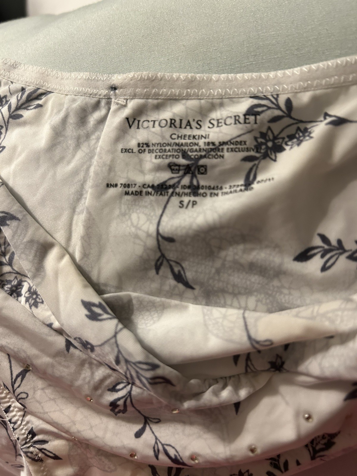 victoria secret white with navy floral pattern, small rhinestones in front small