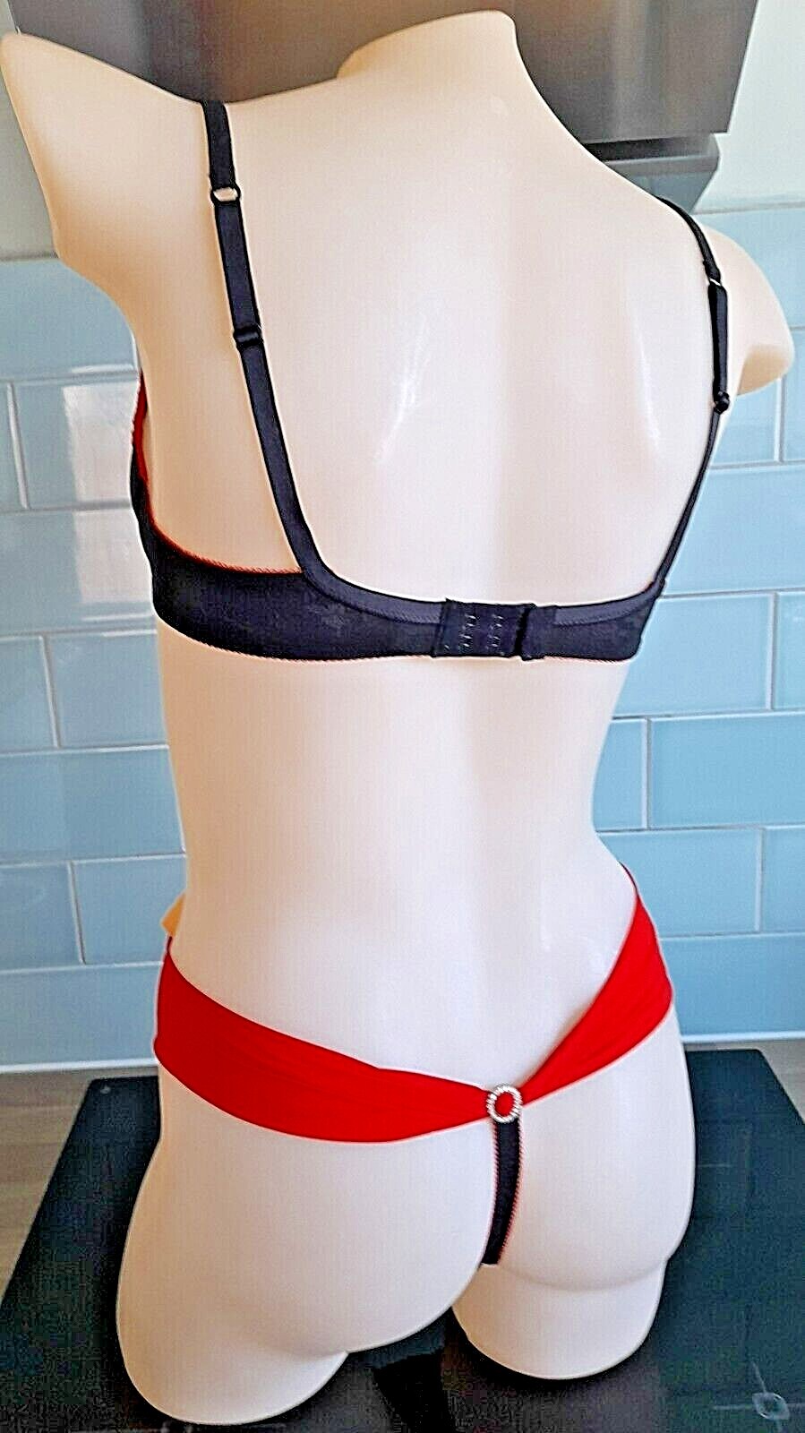 John Galliano BIJOUX Black/Red Silk/Lace High Leg Chiffon Banded Thong