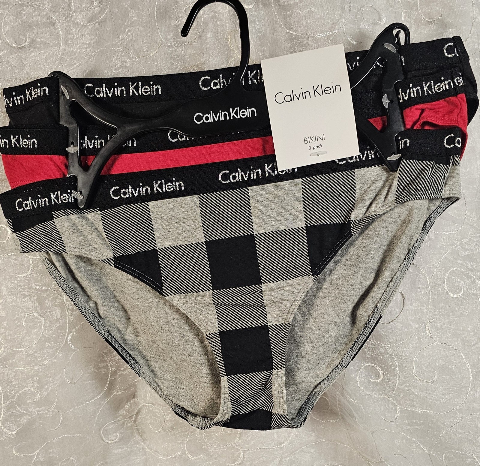 Calvin Klein 3 Cotton Stretch Bikinis M Red Black Gray Solid & Buffalo Check