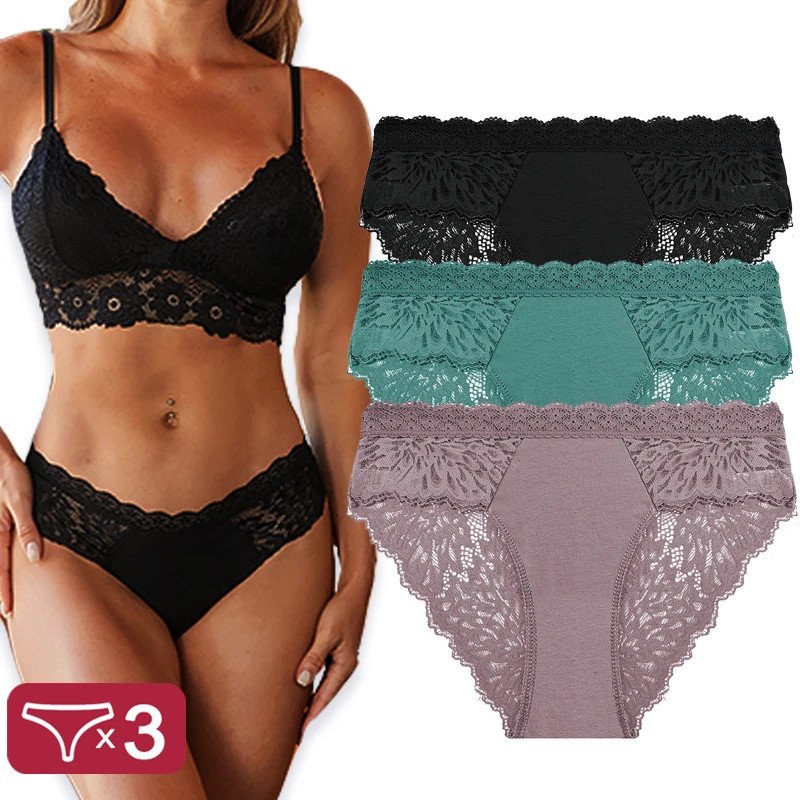 3PCS Sexy Women Back Lace Panties Cotton Hollow Out Patchwork Lingerie