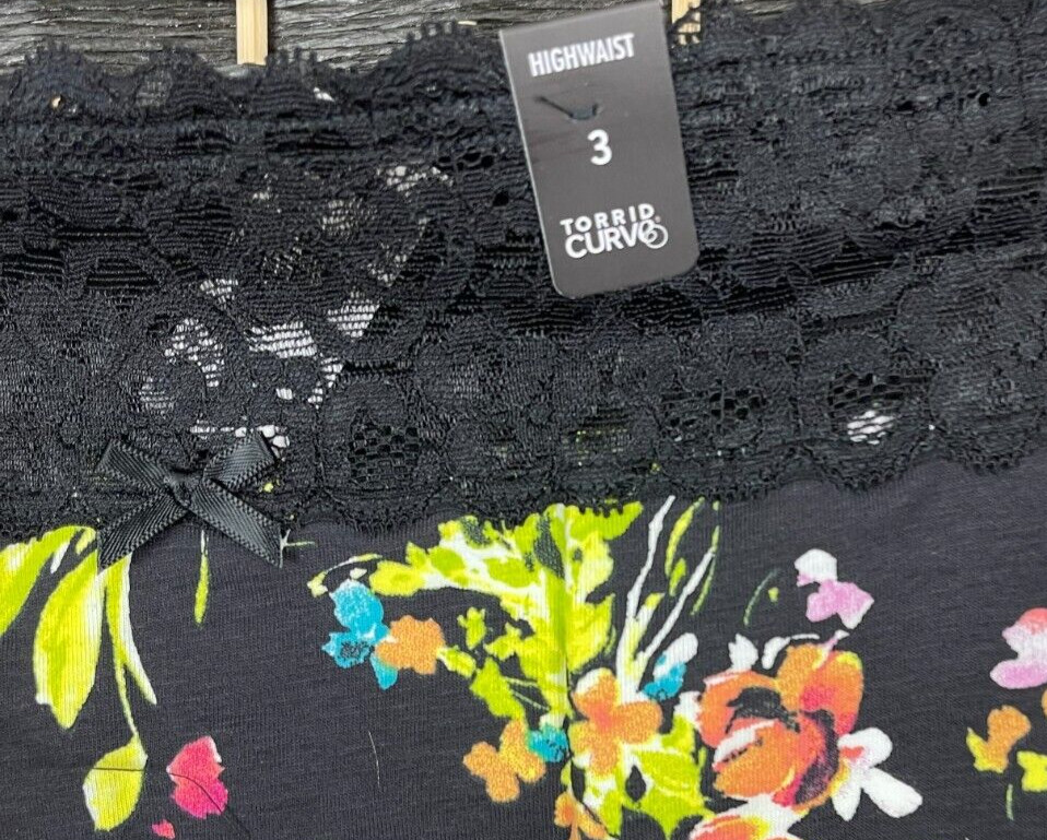 Torrid +3 Black Floral Wide Lace Scallop Waistband/Trim High Waisted Panties