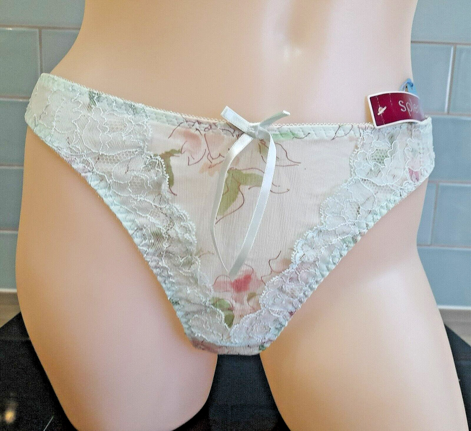 Splendour MINT Green/Brown Silk Chiffon/Lace High Leg Thong