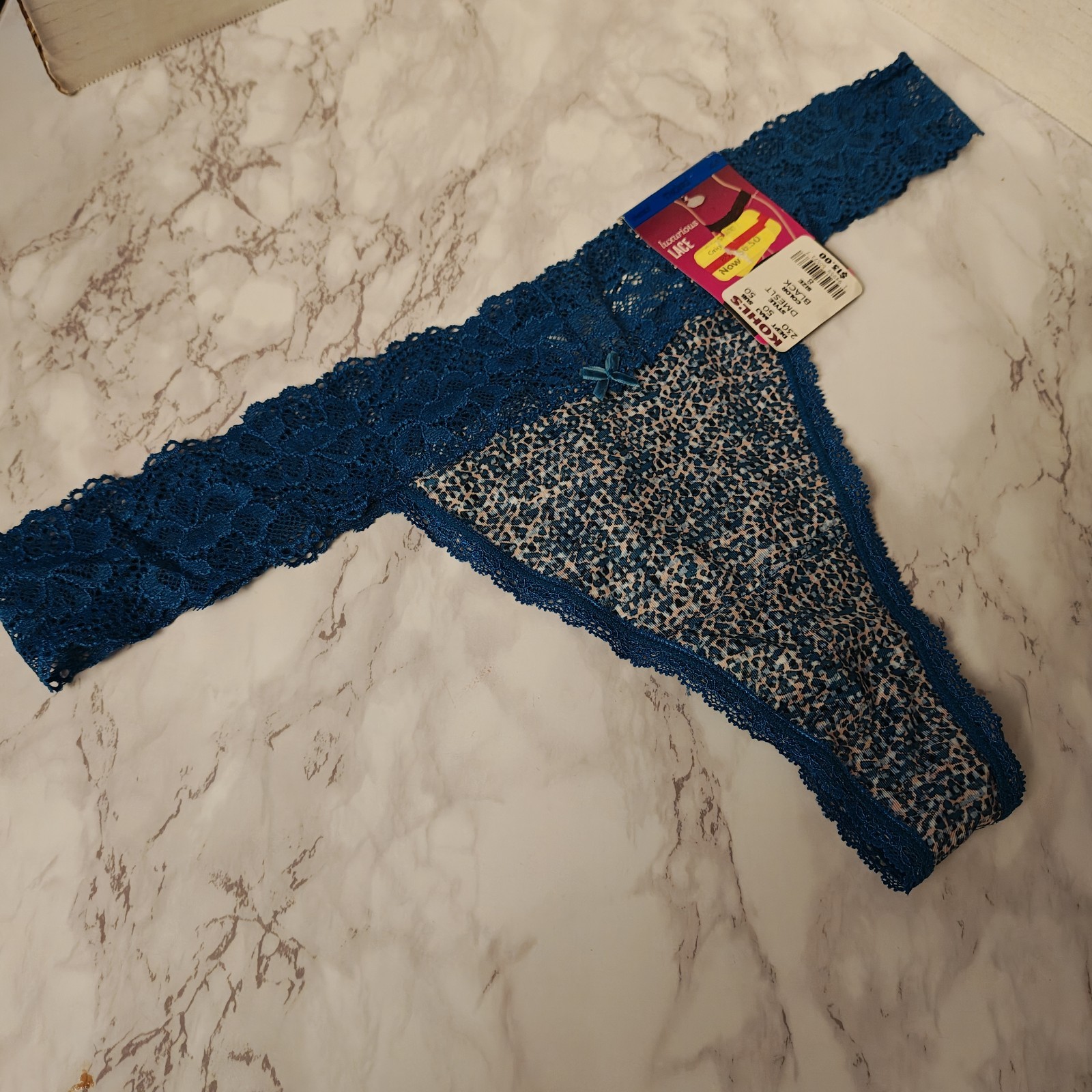 Maidenform Thong Panties Blue Animal Print Lace Bow Women’s XL/8 #0693