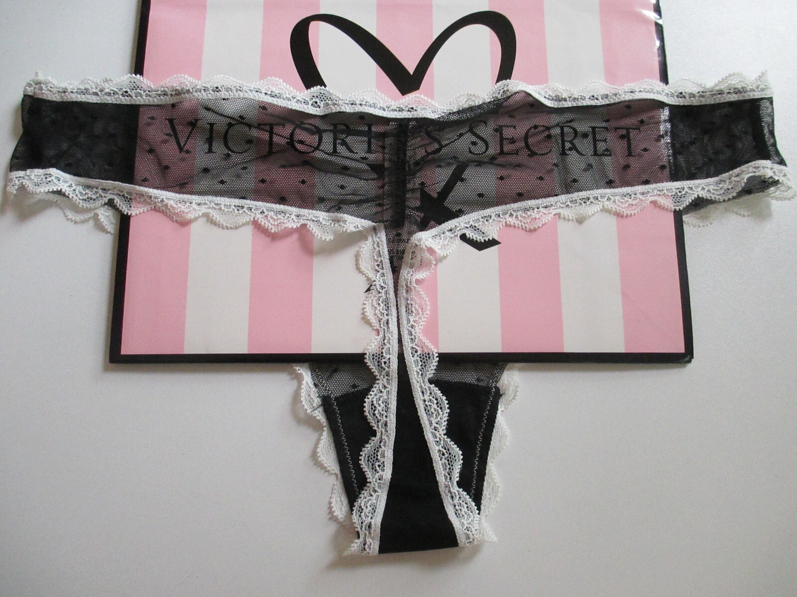 VICTORIA’S SECRET DREAM ANGELS Black And White Swiss Dot Mesh Thong Panty VS XL