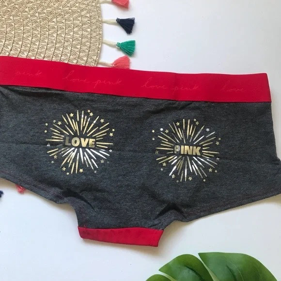 Victoria’s Secret PINK Logo Boyshorts Panty Red Gray Firework Graphic Medium NEW