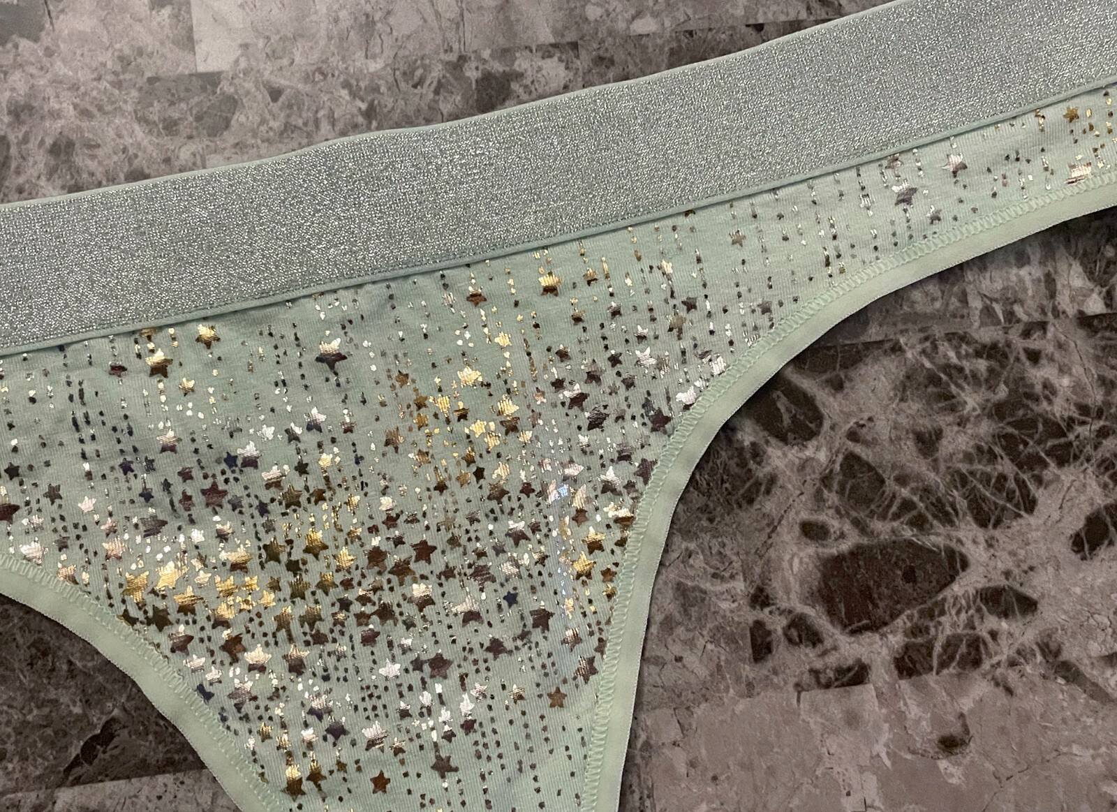 VICTORIA’S SECRET L GREEN GOLD SILVER STAR SHIMMER THICK BAND RARE THONG PANTIES