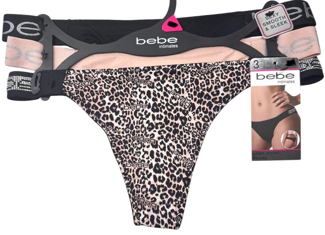 BEBE Women’s 3-Pack LOGO SHINY Strap Thong Panty Black Pink Animal Nylon Size L