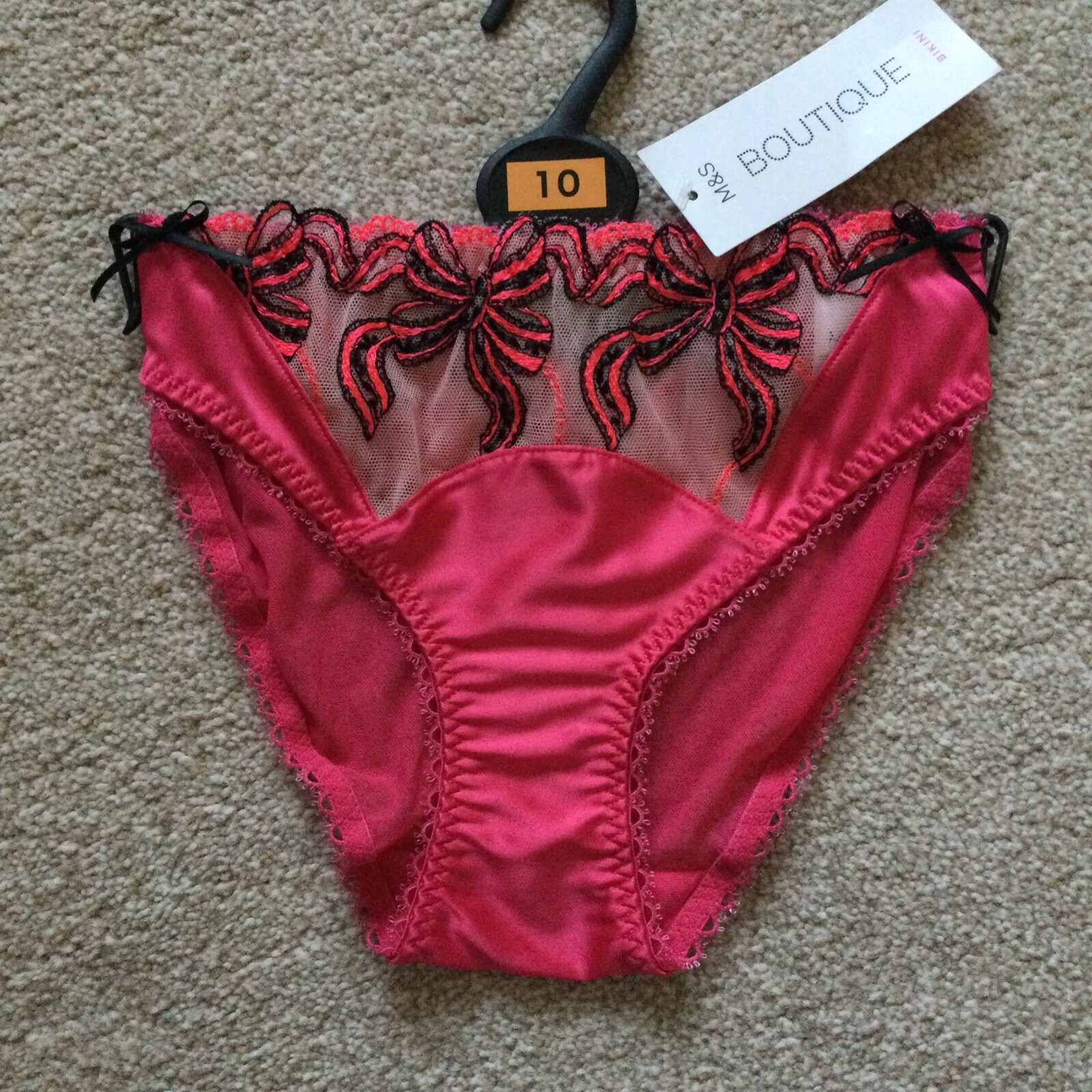 M&S Size 10 Boutique Mira Embroidered Mesh Satin Bikini Knickers Pink Mix