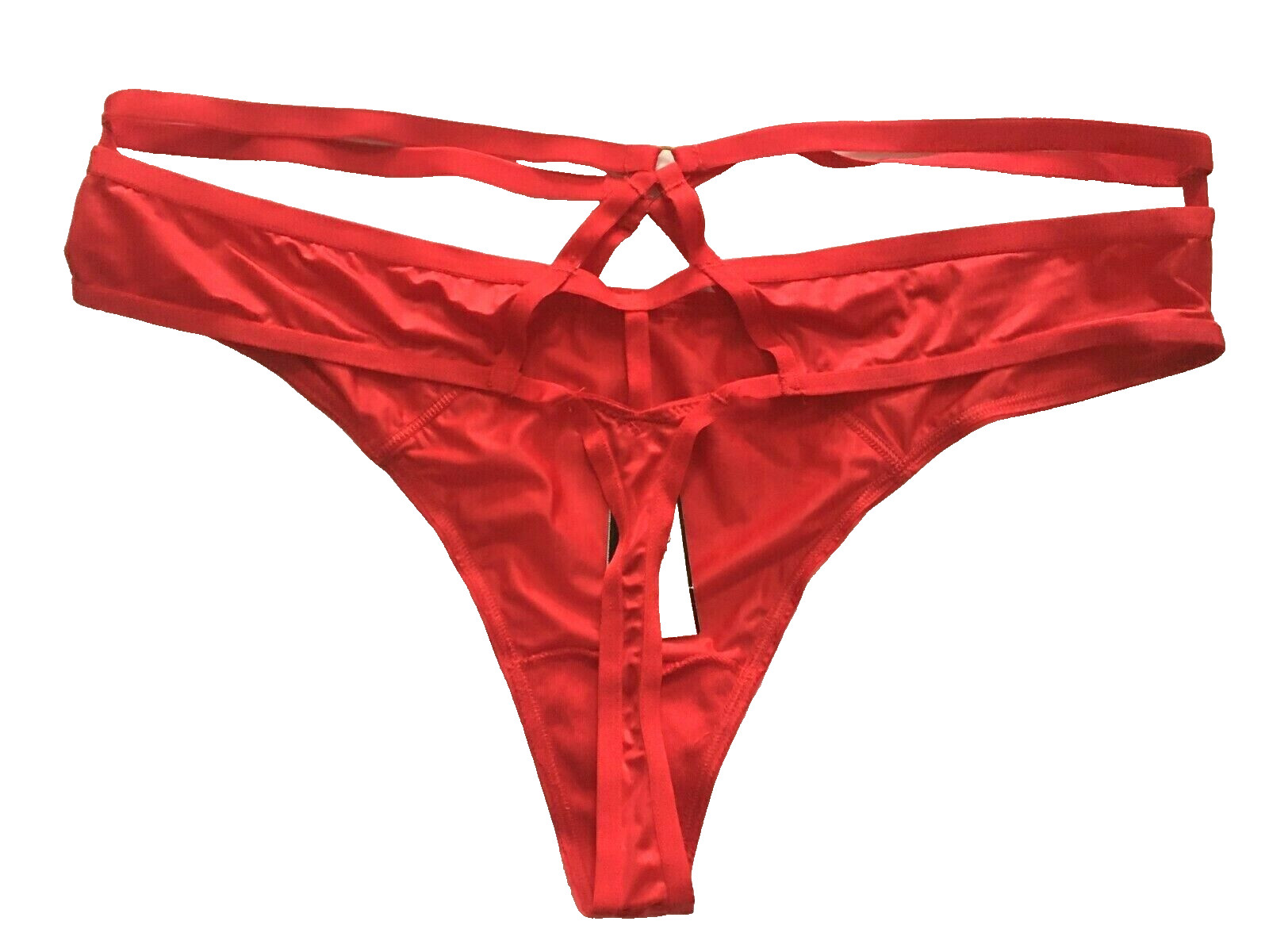 Victorias Secret Sexy Red Silky Strappy Cut-Outs Thong Panties M Metal Accents
