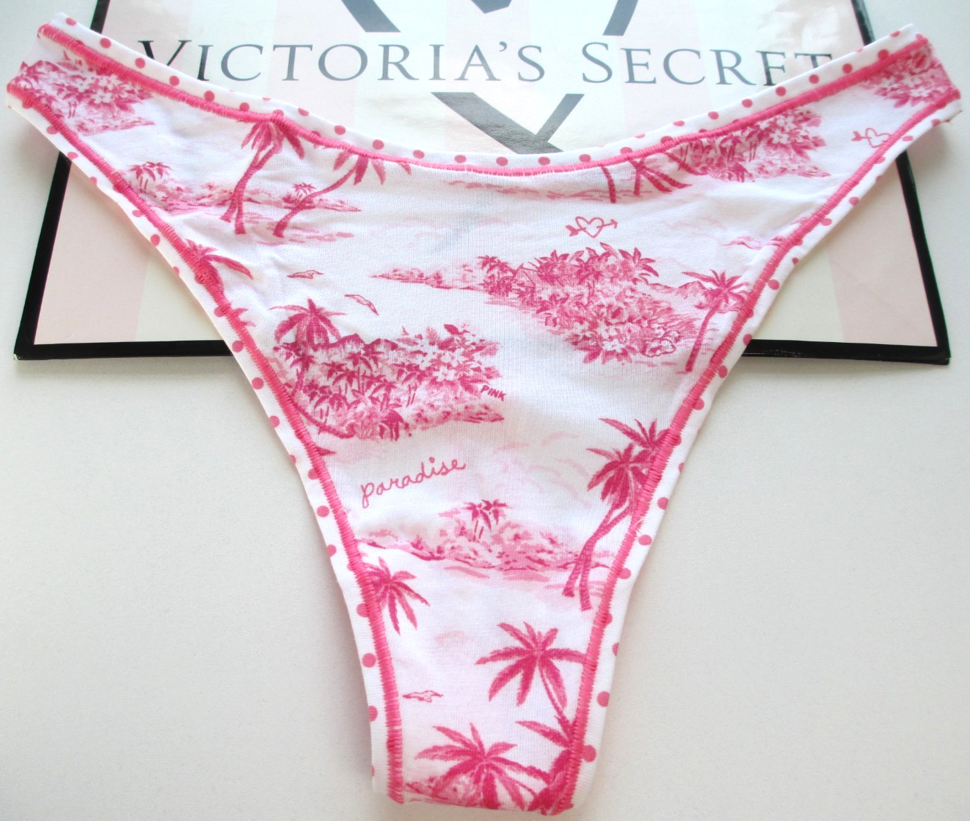 VICTORIA’S SECRET PINK Cotton High Leg Thong Panty S M L XL Pink White Palm Dot