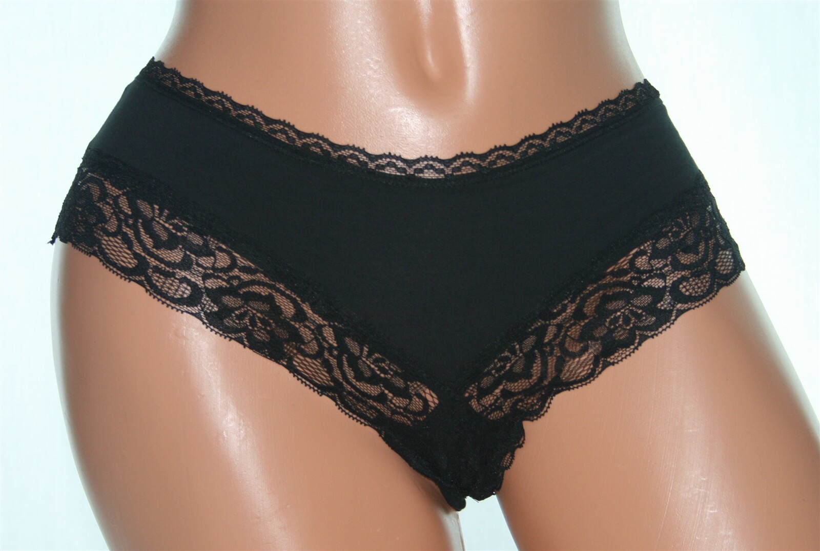 Black Boyshort Panty with Sheer Floral Lace Bands Size M