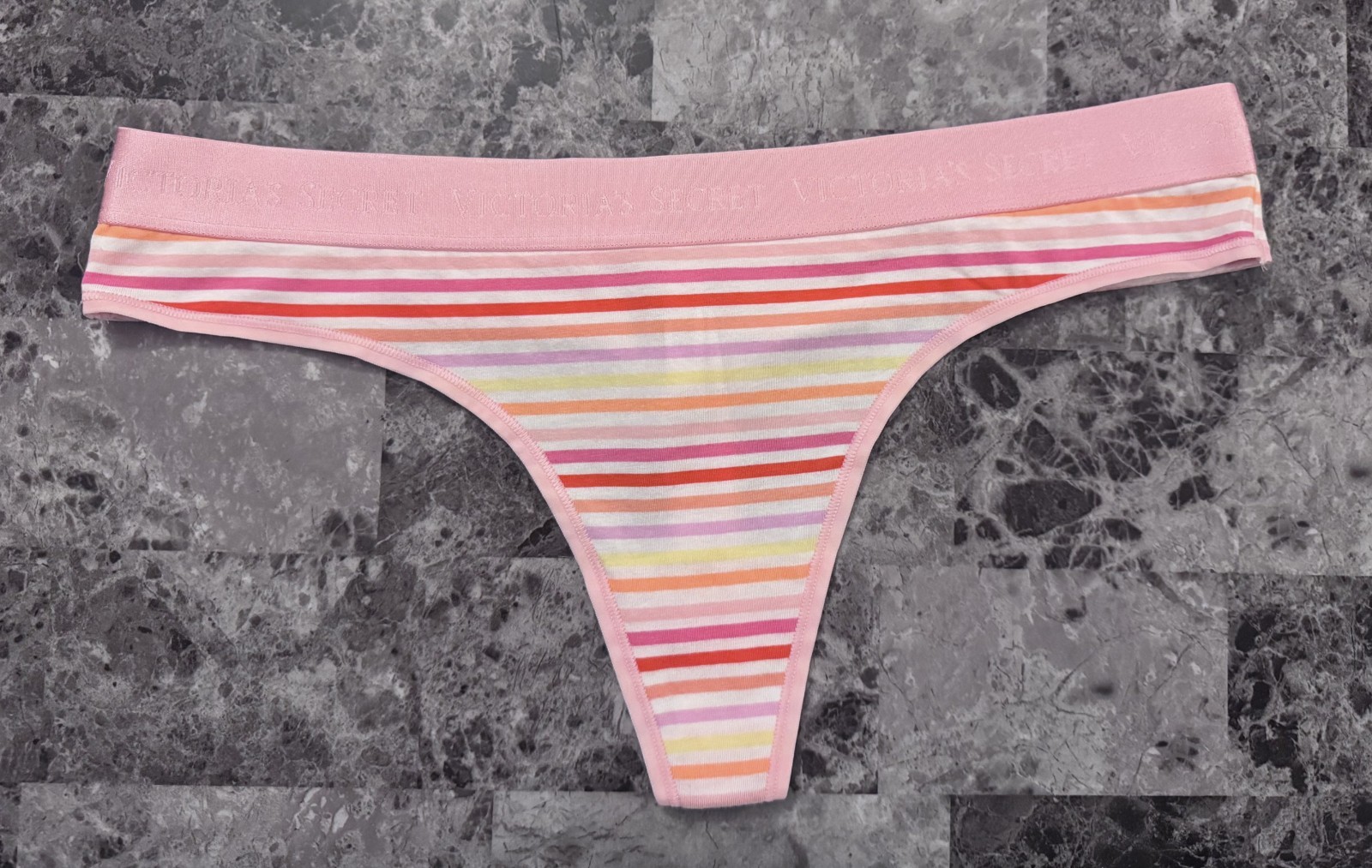 VICTORIA’S SECRET L PINK YELLOW ORANGE STRIPE THICK LOGO BAND RARE THONG PANTIES