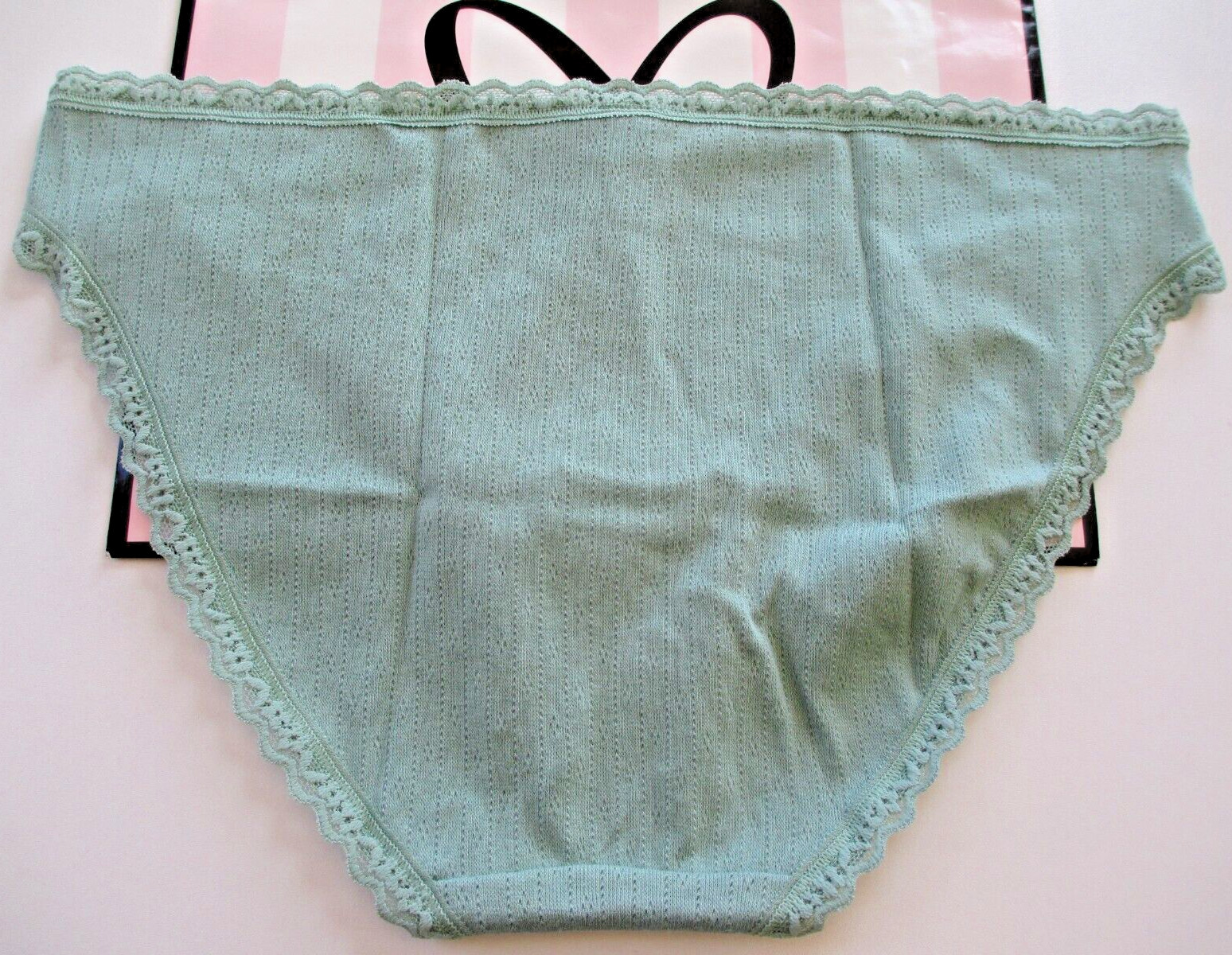 VICTORIA’S SECRET Cotton Bikini Panty S L XL Green VS Button Lace Trim Pointelle