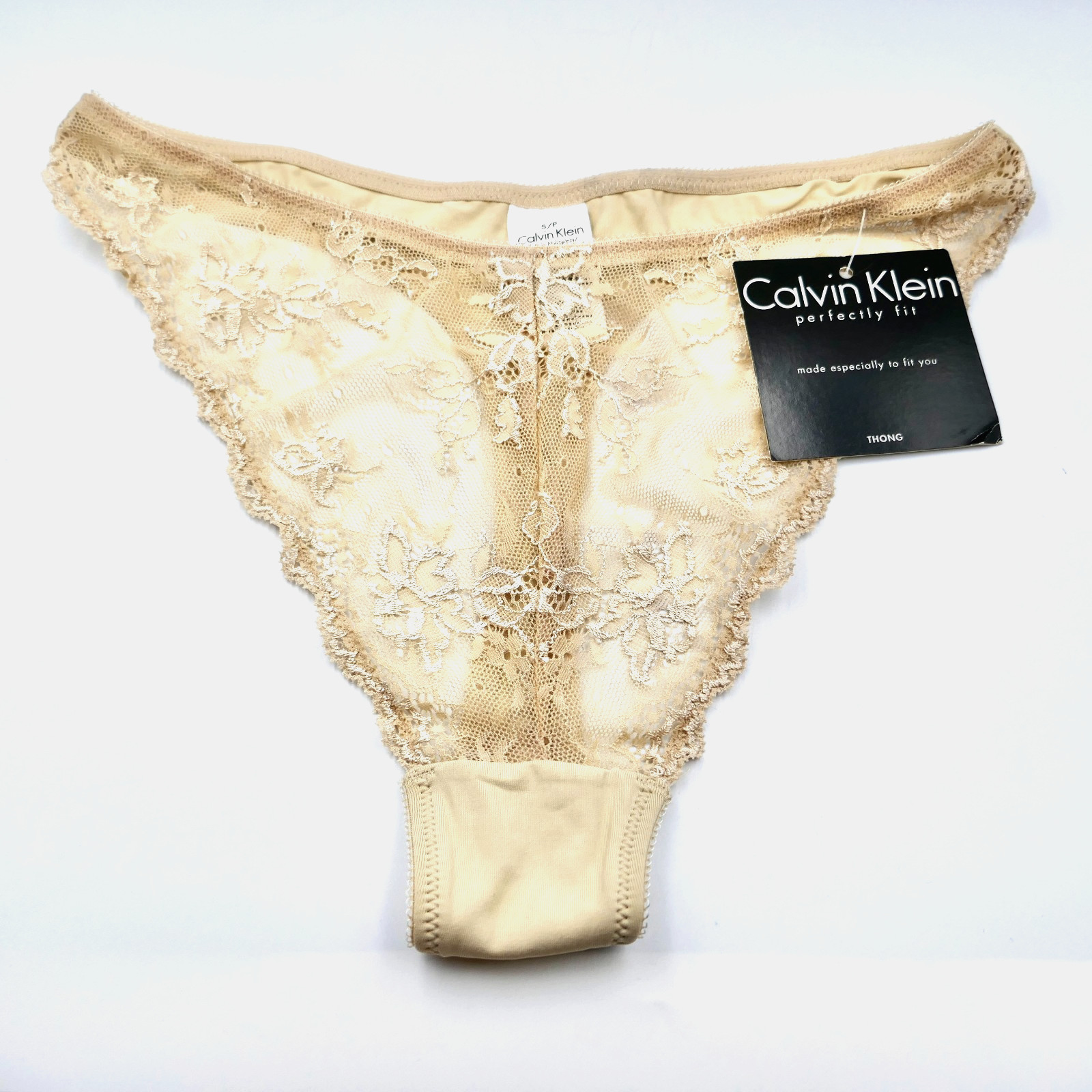Calvin Klein Lace Front Thong Women’s Sz S/P Nude Beige Nylon Lycra New W/Tag