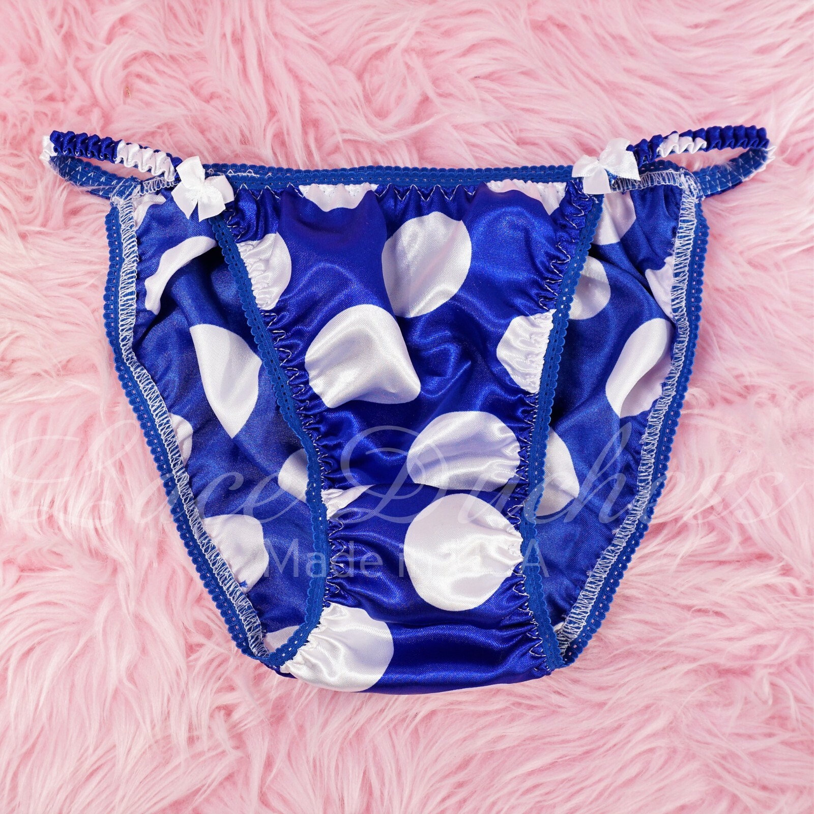 Blue Dot Satin Sissy DUCHESS CUT ladies or men’s COUPLES string bikini panties