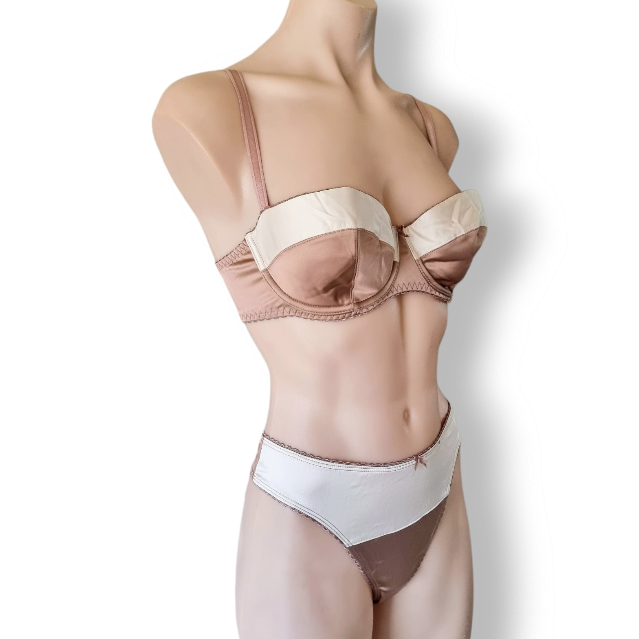 Satin-look metallic bronze/shiny beige + cream g-string underwear XS fits AU 6-8