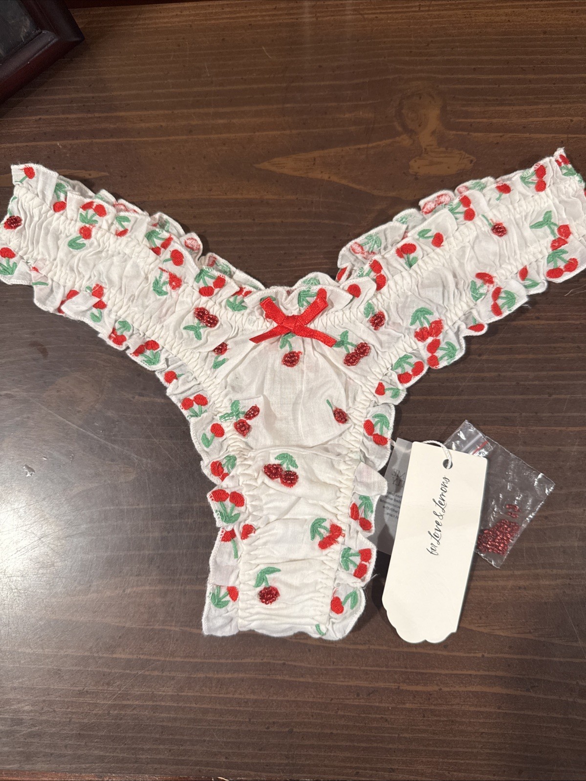NWT For Love & Lemons Sz L Embellished Cherry Thong Panty Embroidered Cherries