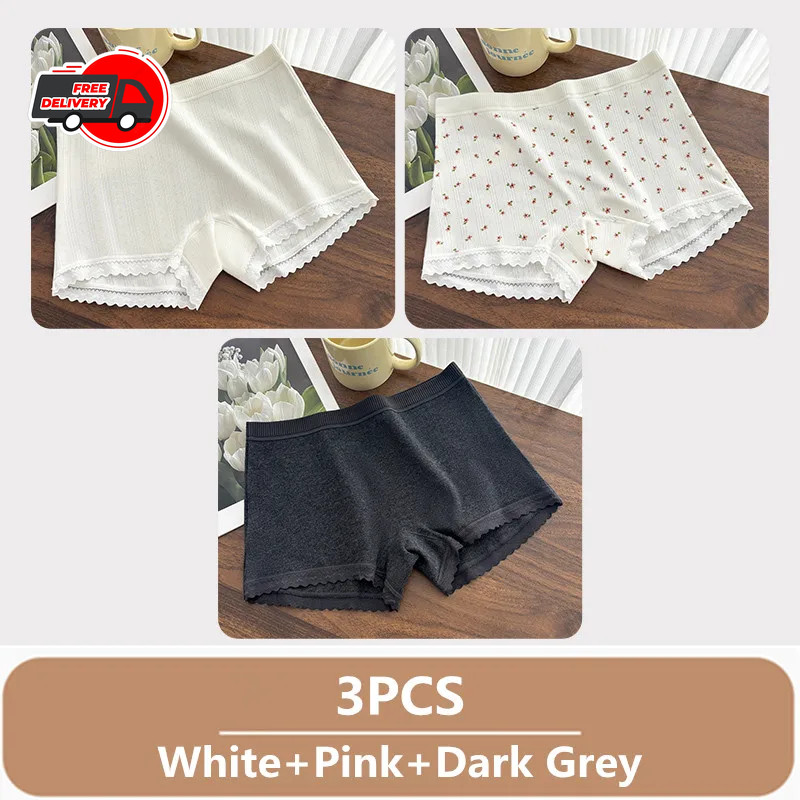 3PCS Women Thin Lace Boxer Underwear Mid Waist Breathable Comfortable Panties Se