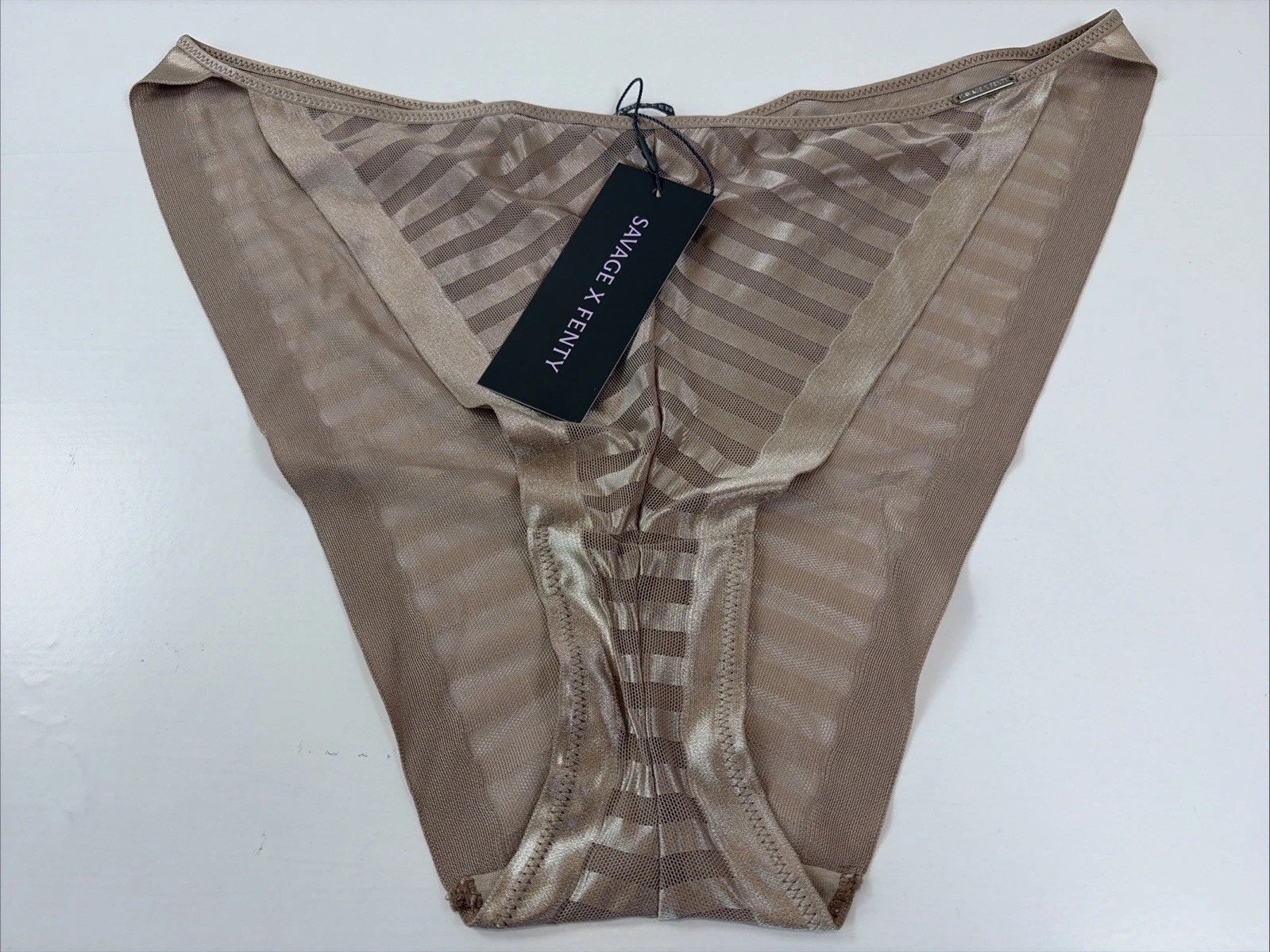 Savage x Fenty Show N Tell Stripe String Bikini Stone Beige Brown Size XL