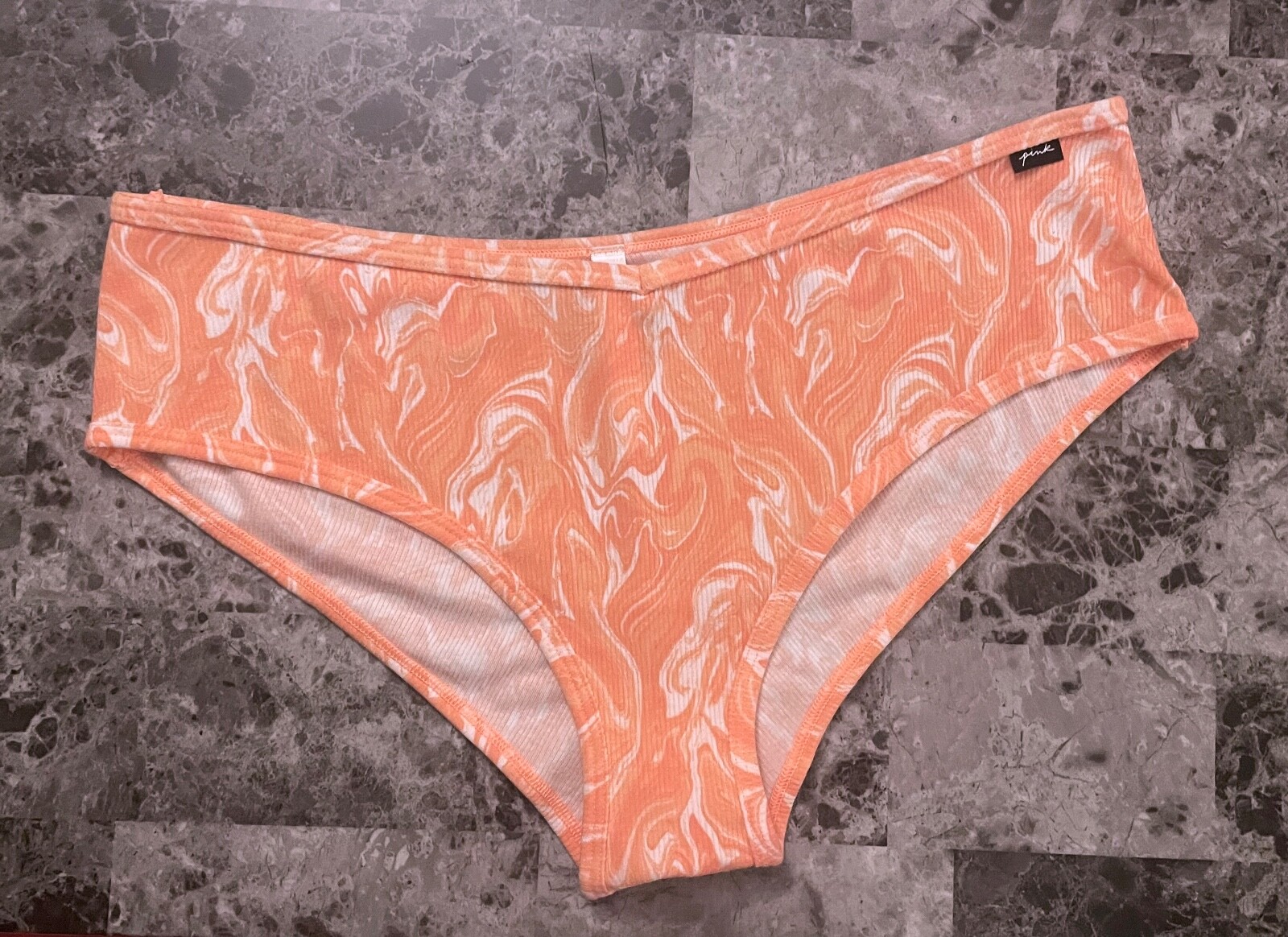 NWT VICTORIA’S SECRET PINK XXL CORAL PEACH MARBLE SWIRL RIBBED CHEEKSTER PANTIES
