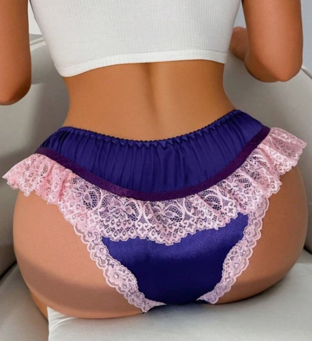 💜 Satin & Lace Frilly Knickers Pink Trim Bow Detail Cute Luxury sissy size S 8