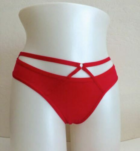 Victorias Secret Sexy Red Silky Strappy Cut-Outs Thong Panties M Metal Accents