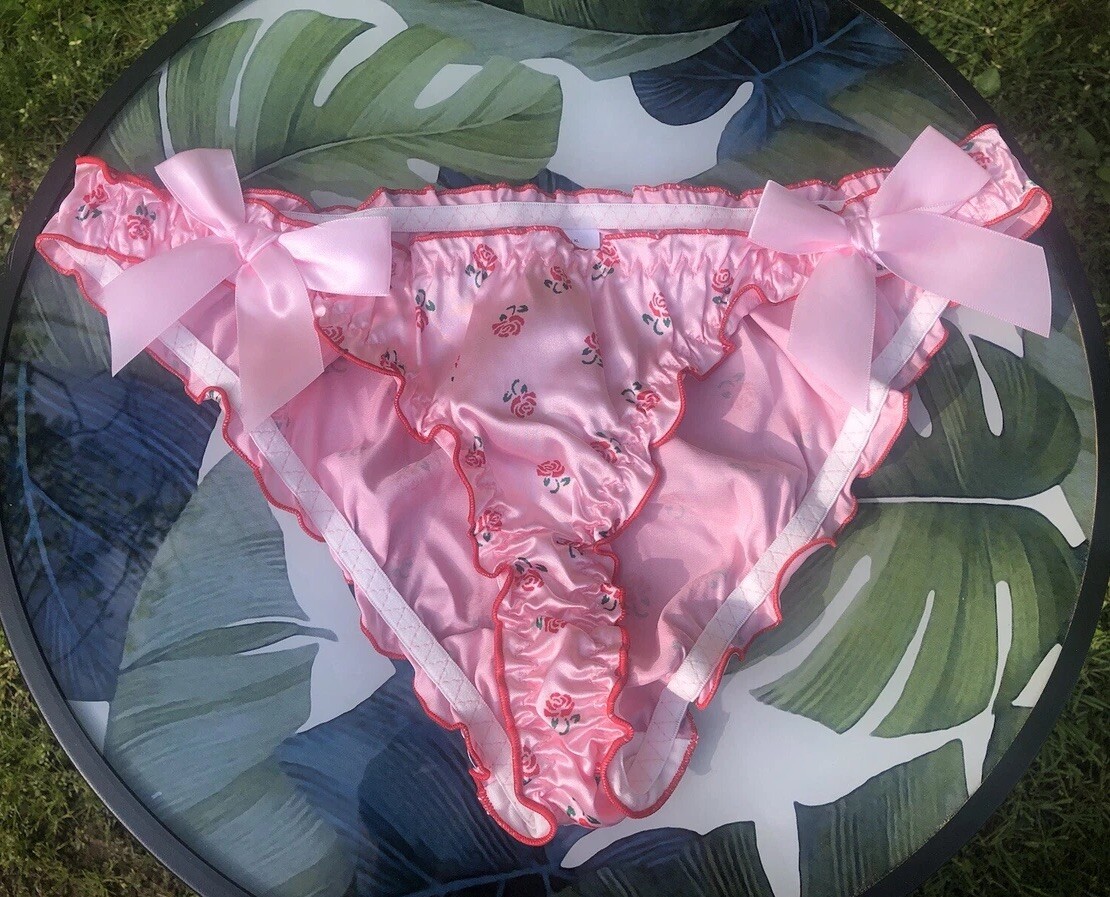 rosy PINK shiny SATIN floral PANTIES – size XL – Frilly Feminine Bows