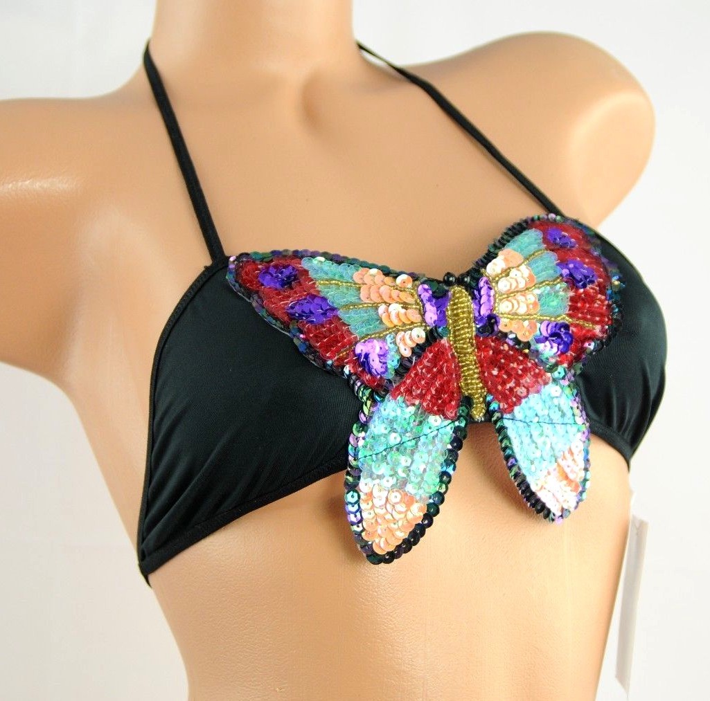 Exotic Metallic Sequin Butterfly Sissy Sexy Dancer BLACK Thong & Tie Bra Set M L