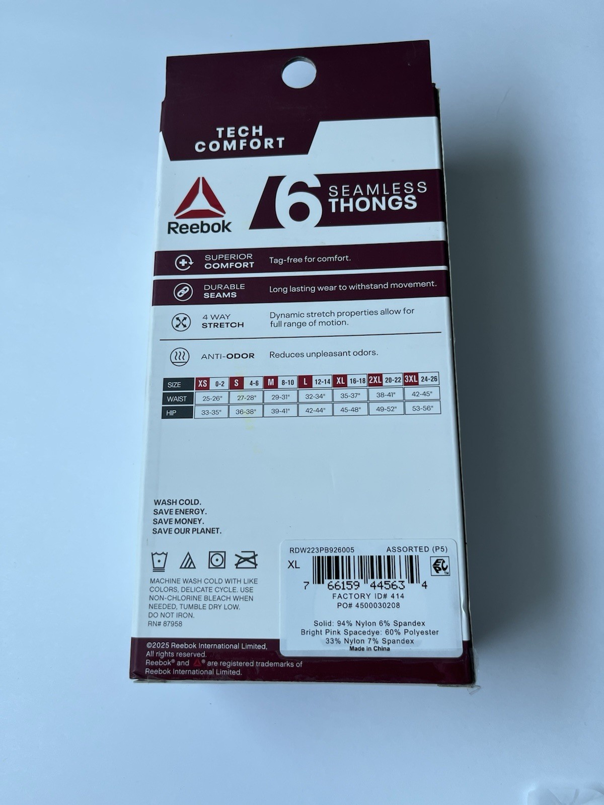 Reebok Women’s Seamless Thong, 6-Pack Size Assorted Colors 2XL (20-22) NWT
