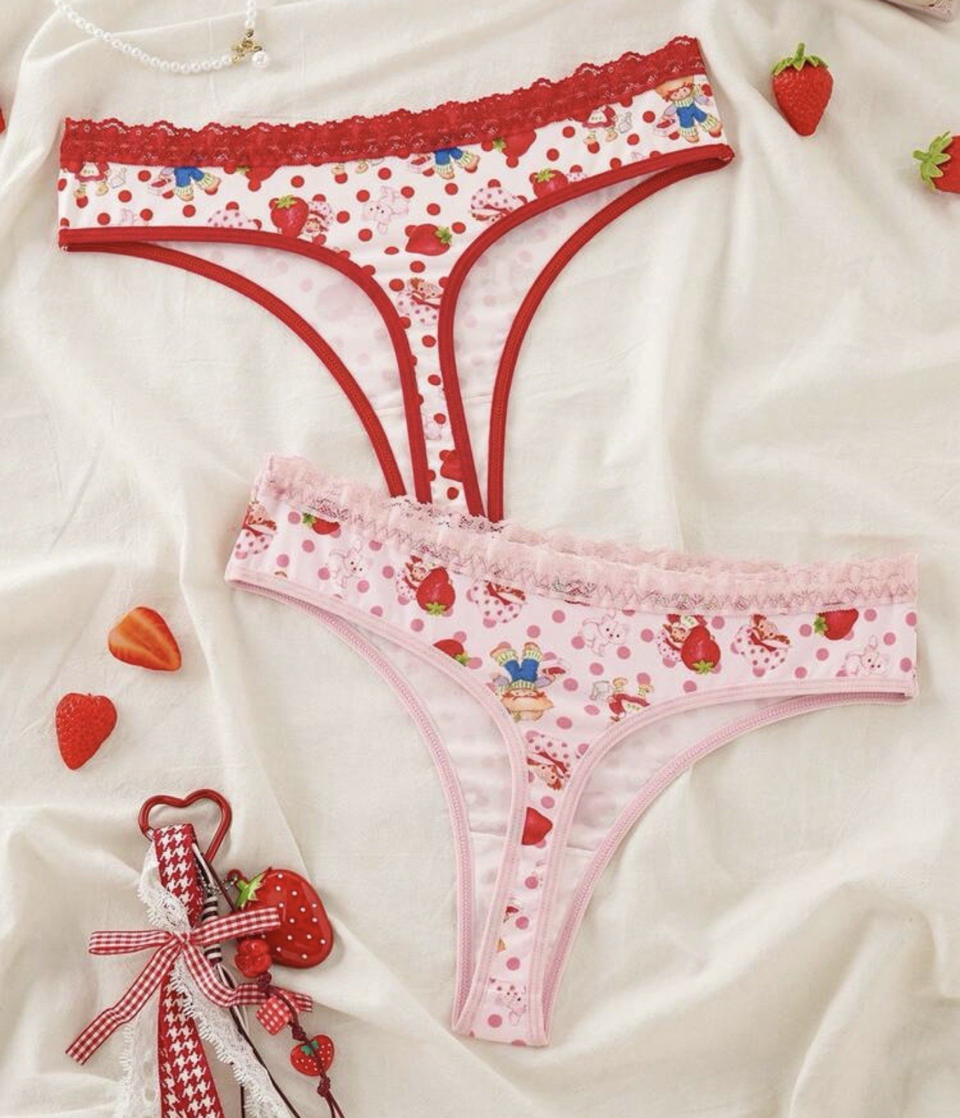 Women’s Teens Strawberry Shortcake Red Pink Kawaii Thong Panties 2pk Large