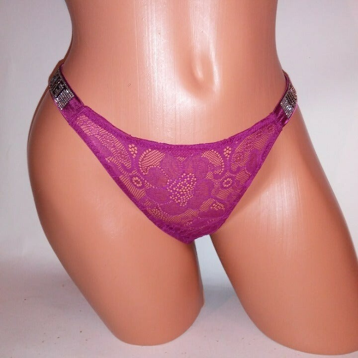 Victoria Secret Panty Thong XS Shine Strap Fuchsia Lace Bling Solid New